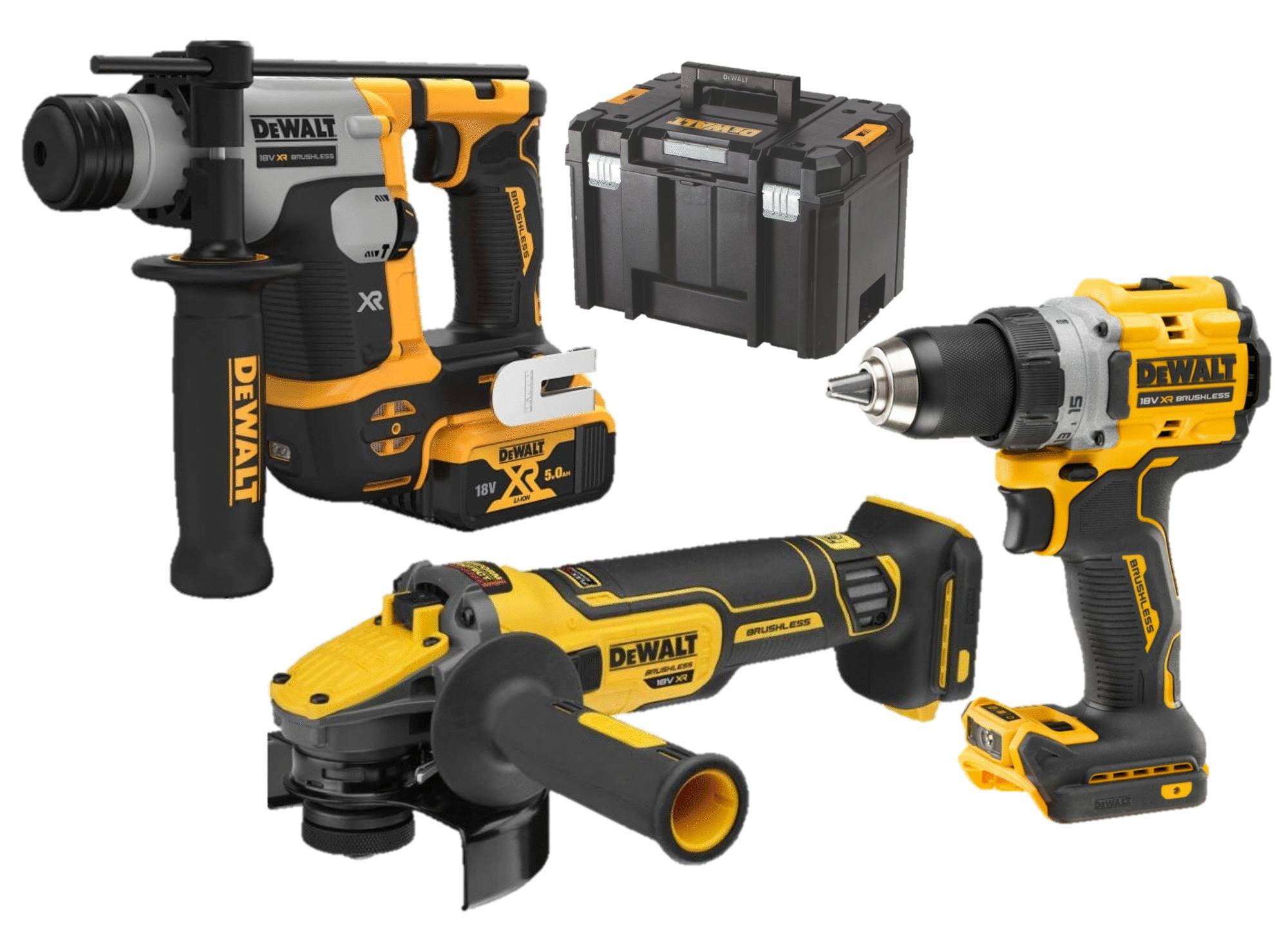 Kit 3 outils XR 18V 5Ah brushless DEWALT perceuse visseuse DCD800 + Perforateur SDS plus DCH172 + Meuleuse d'angle DCG405 - DCK355P2T-QW - Image 2