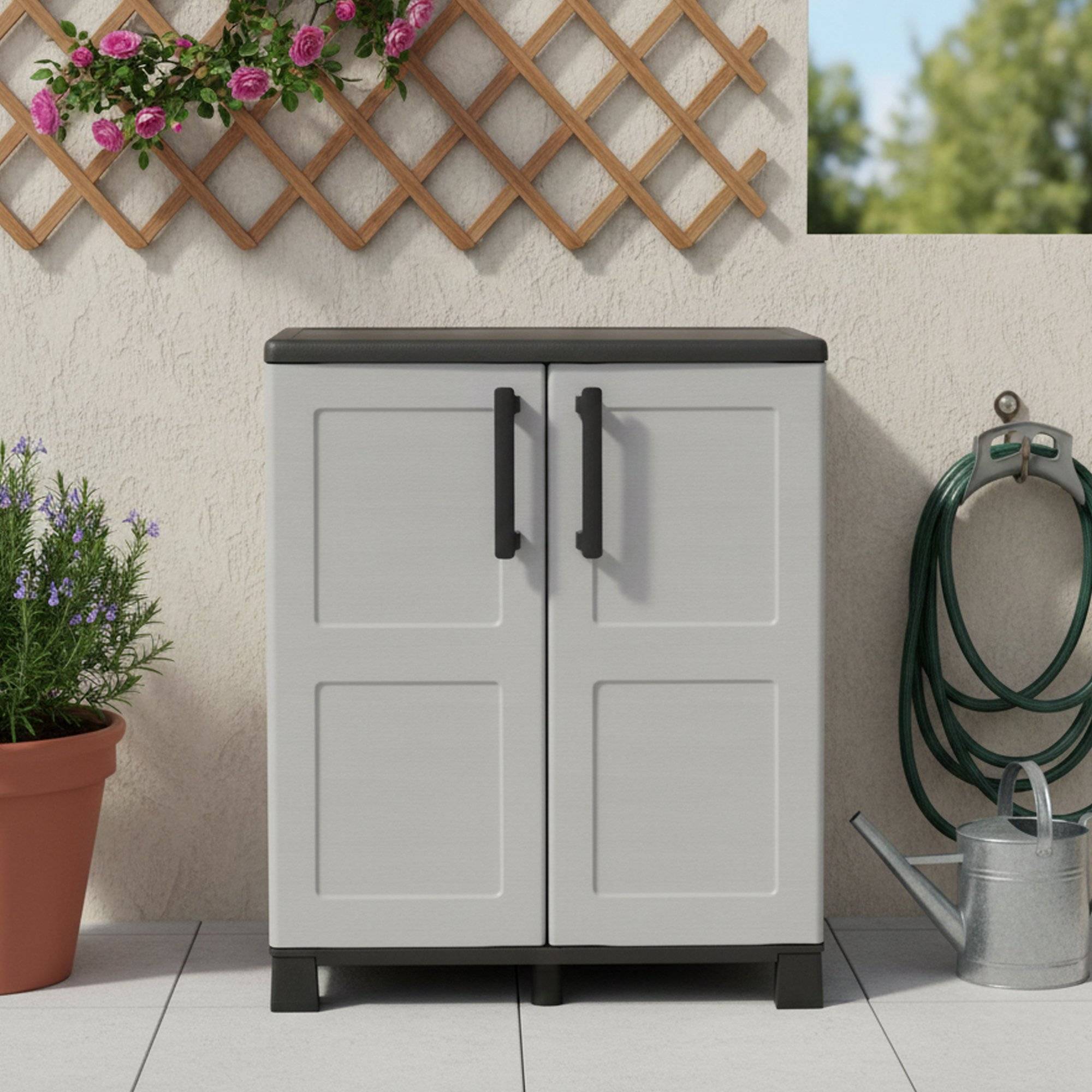 Dmora - Armoire d'extérieur Wavre, Armoire de balcon polyvalente, Armoire d'extérieur 2 portes, 68x37h90 cm, Gris clair et noir, Finition à carreaux - Dmora - Imagen 2