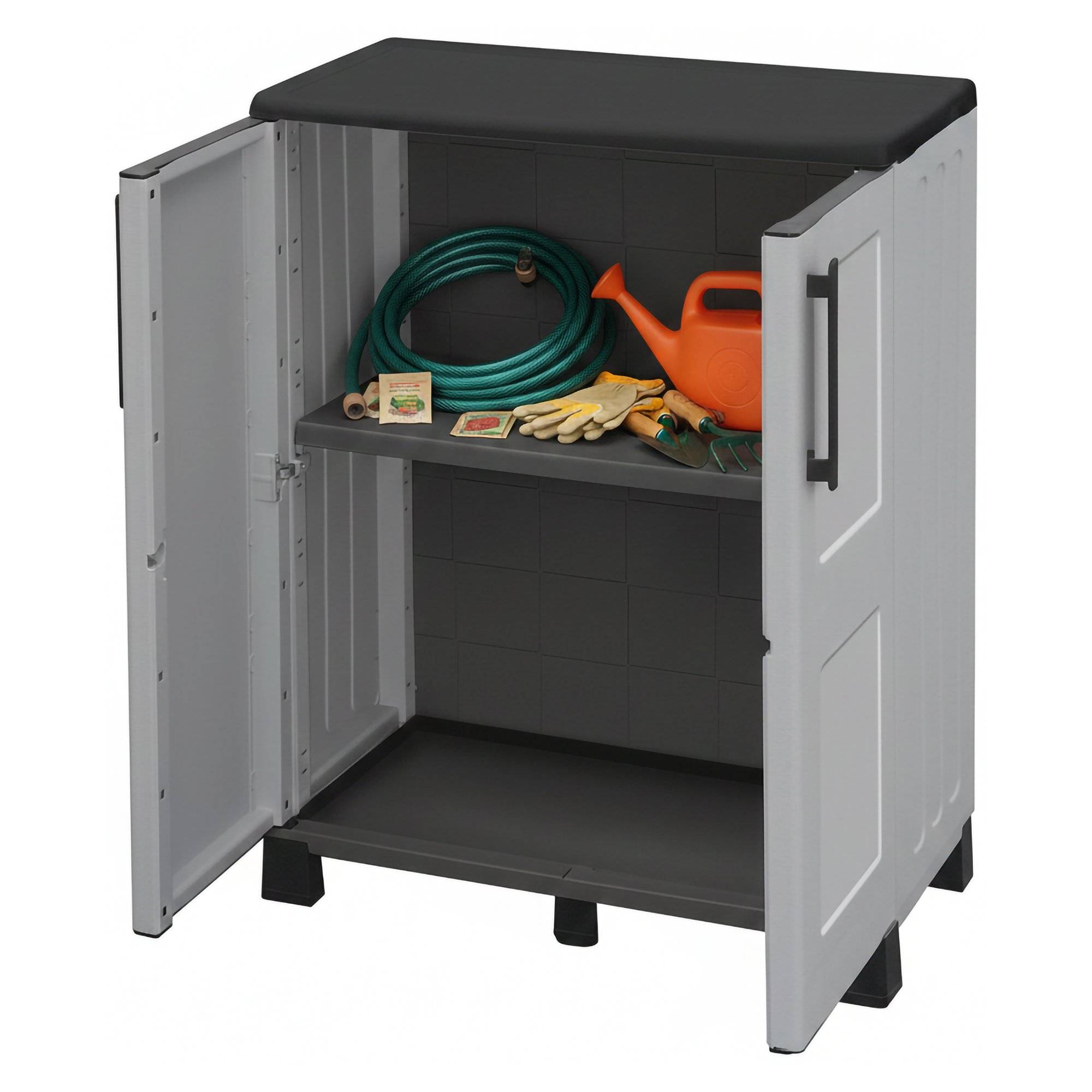 Dmora - Armoire d'extérieur Wavre, Armoire de balcon polyvalente, Armoire d'extérieur 2 portes, 68x37h90 cm, Gris clair et noir, Finition à carreaux - Dmora - Imagen 1