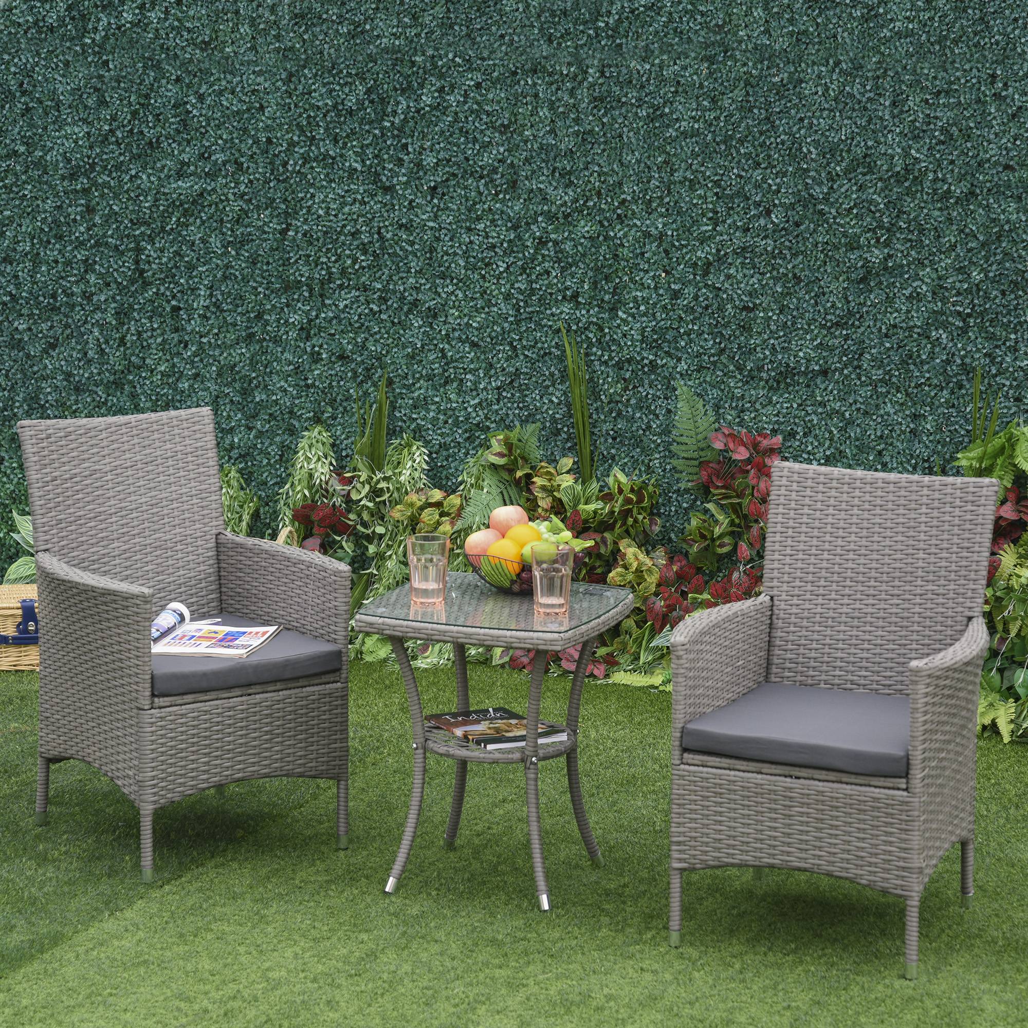 Ensemble jardin 3 pcs rotin PE et acier, 2 chaises coussins lavables, table verre, gris - Image 3