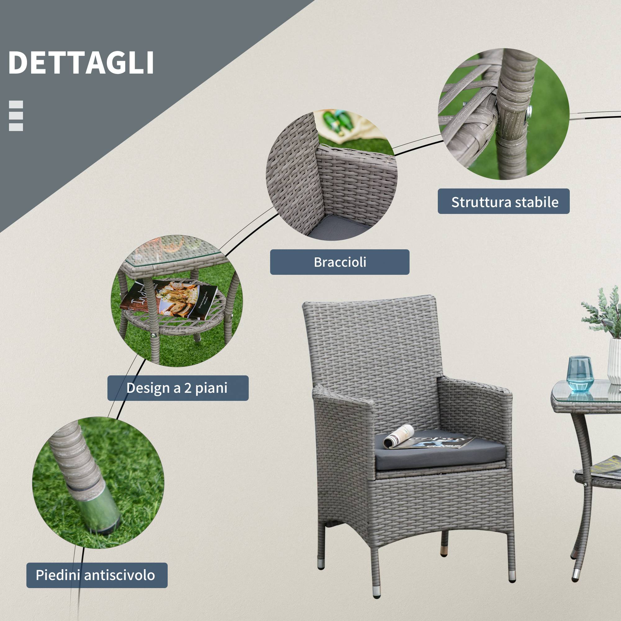 Ensemble jardin 3 pcs rotin PE et acier, 2 chaises coussins lavables, table verre, gris - Image 9
