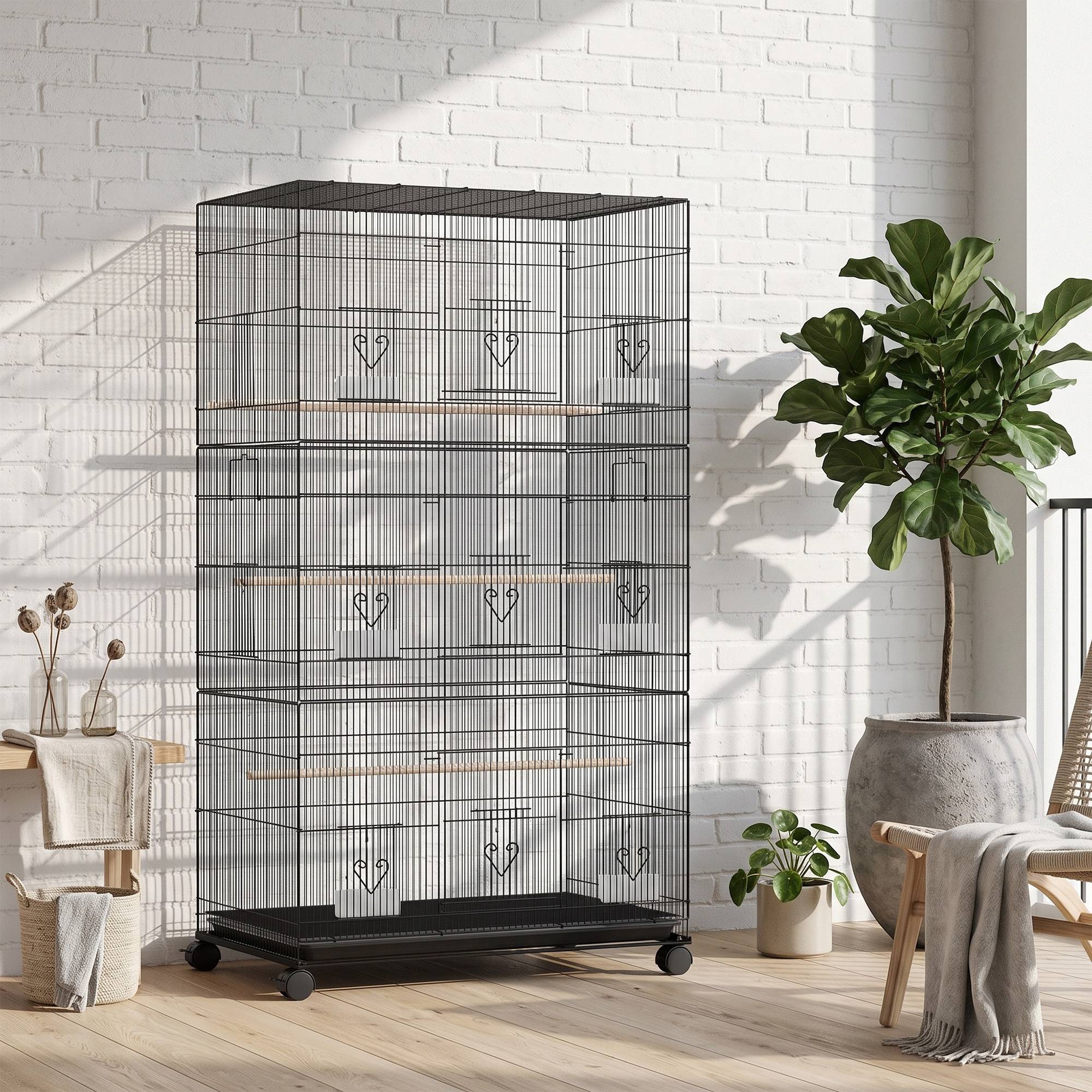 Grande cage à oiseaux sur roulettes en acier, plateau amovible, portes, perchoirs, mangeoires, 77x46,5x141cm, noir - Image 10