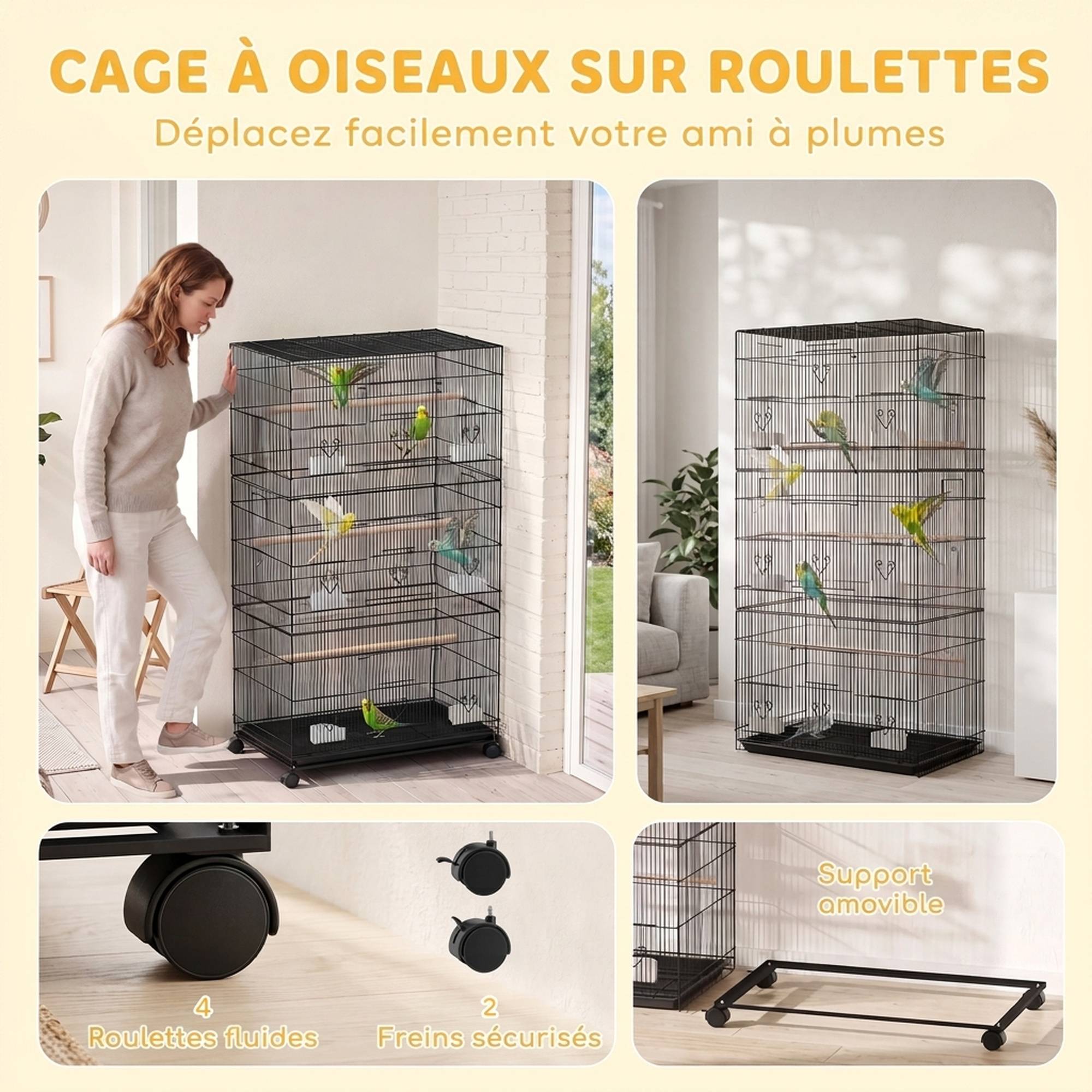 Grande cage à oiseaux sur roulettes en acier, plateau amovible, portes, perchoirs, mangeoires, 77x46,5x141cm, noir - Image 8