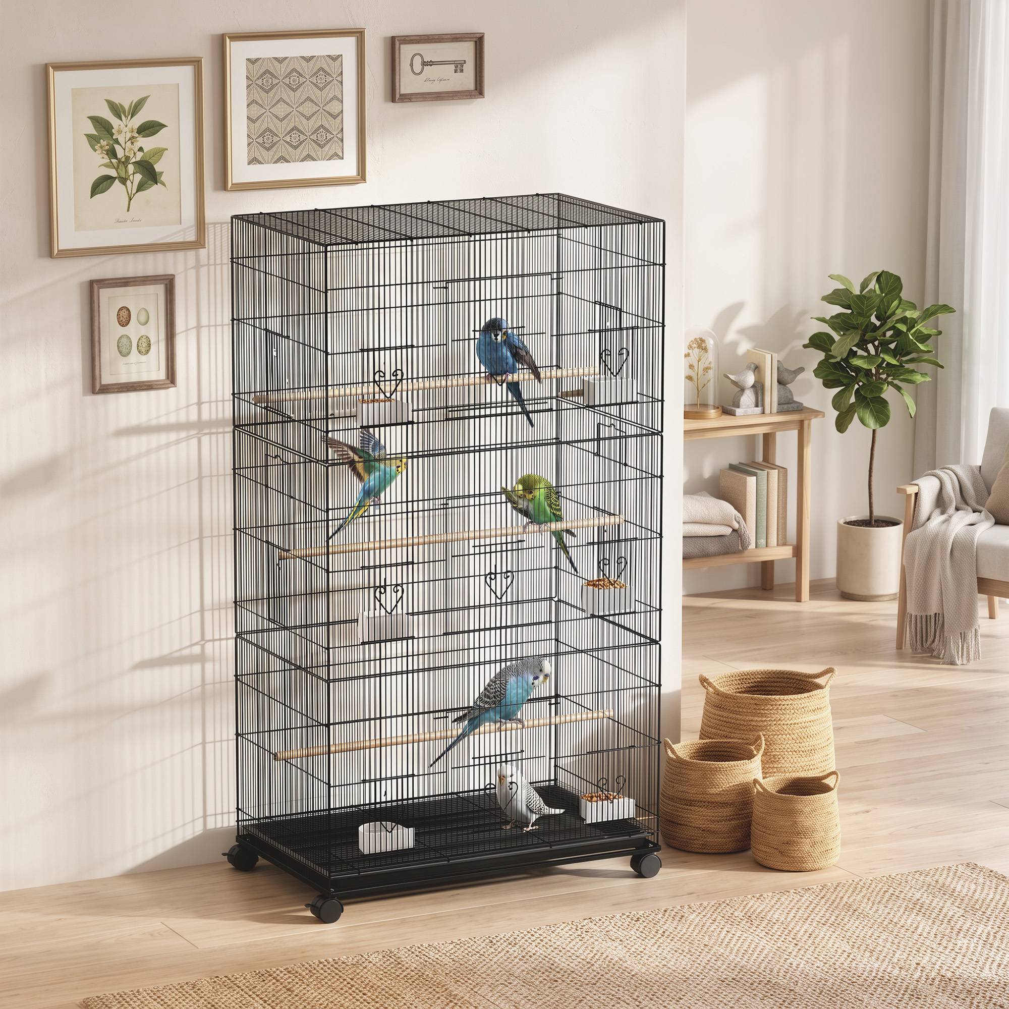 Grande cage à oiseaux sur roulettes en acier, plateau amovible, portes, perchoirs, mangeoires, 77x46,5x141cm, noir - Image 4