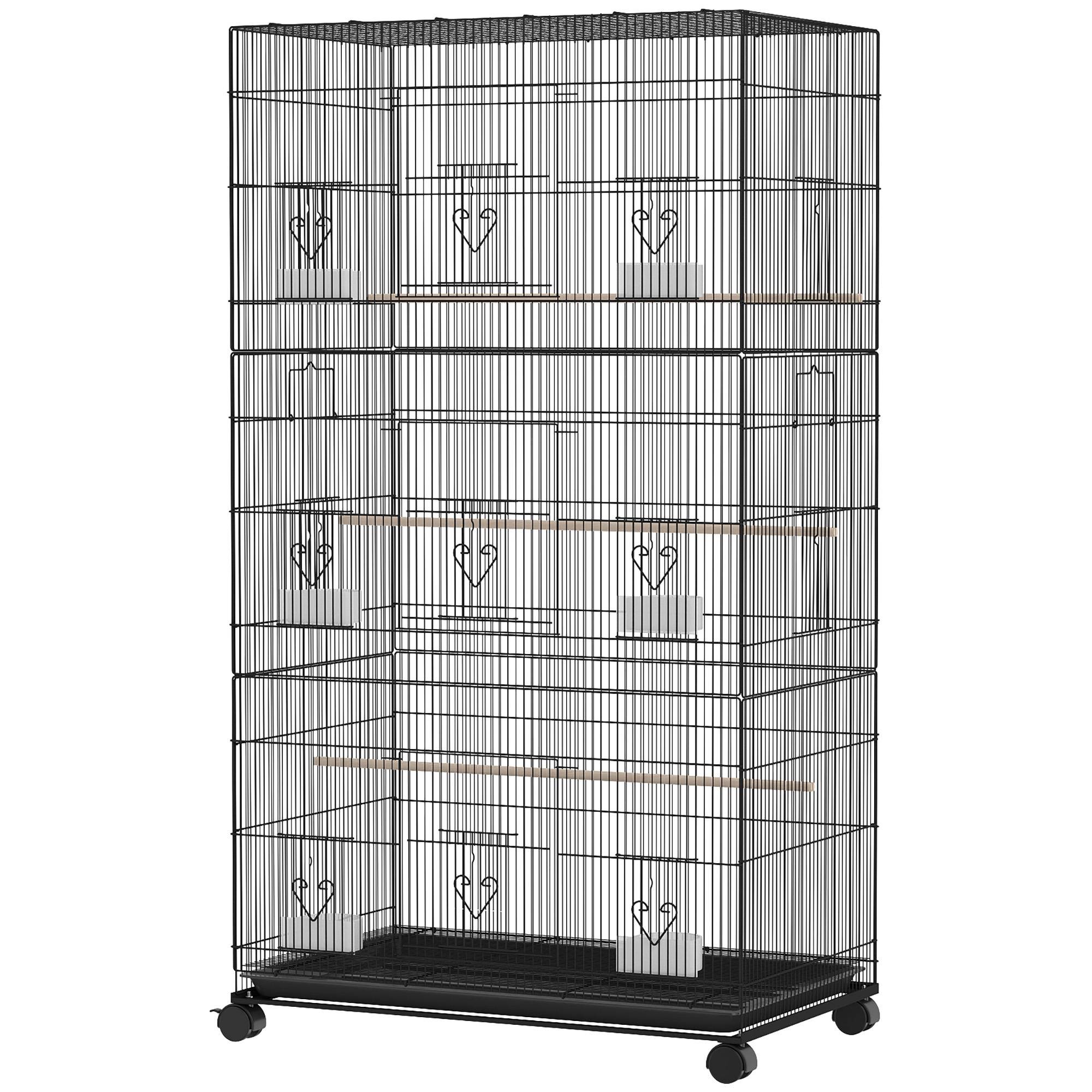 Grande cage à oiseaux sur roulettes en acier, plateau amovible, portes, perchoirs, mangeoires, 77x46,5x141cm, noir - Image 2