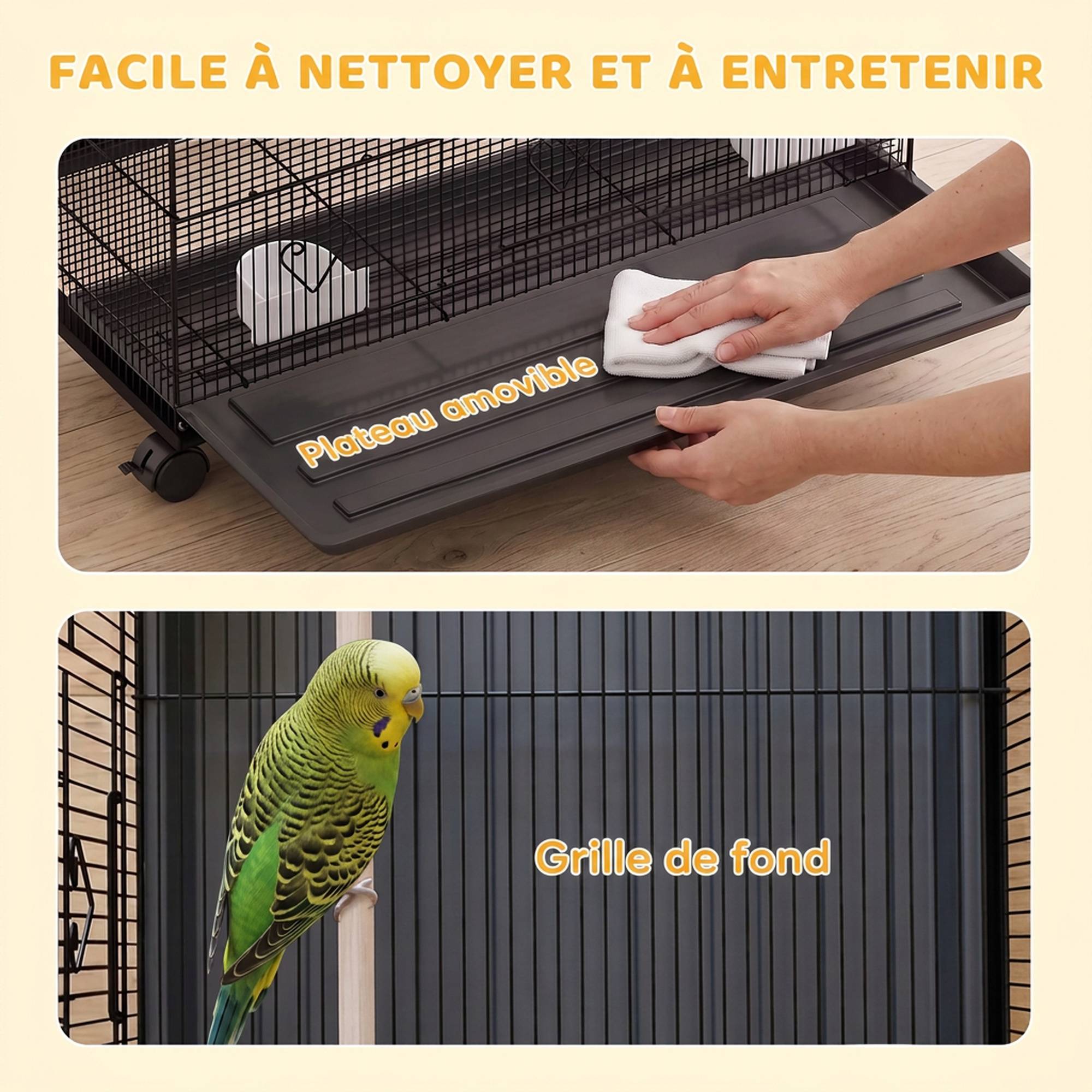 Grande cage à oiseaux sur roulettes en acier, plateau amovible, portes, perchoirs, mangeoires, 77x46,5x141cm, noir - Image 9