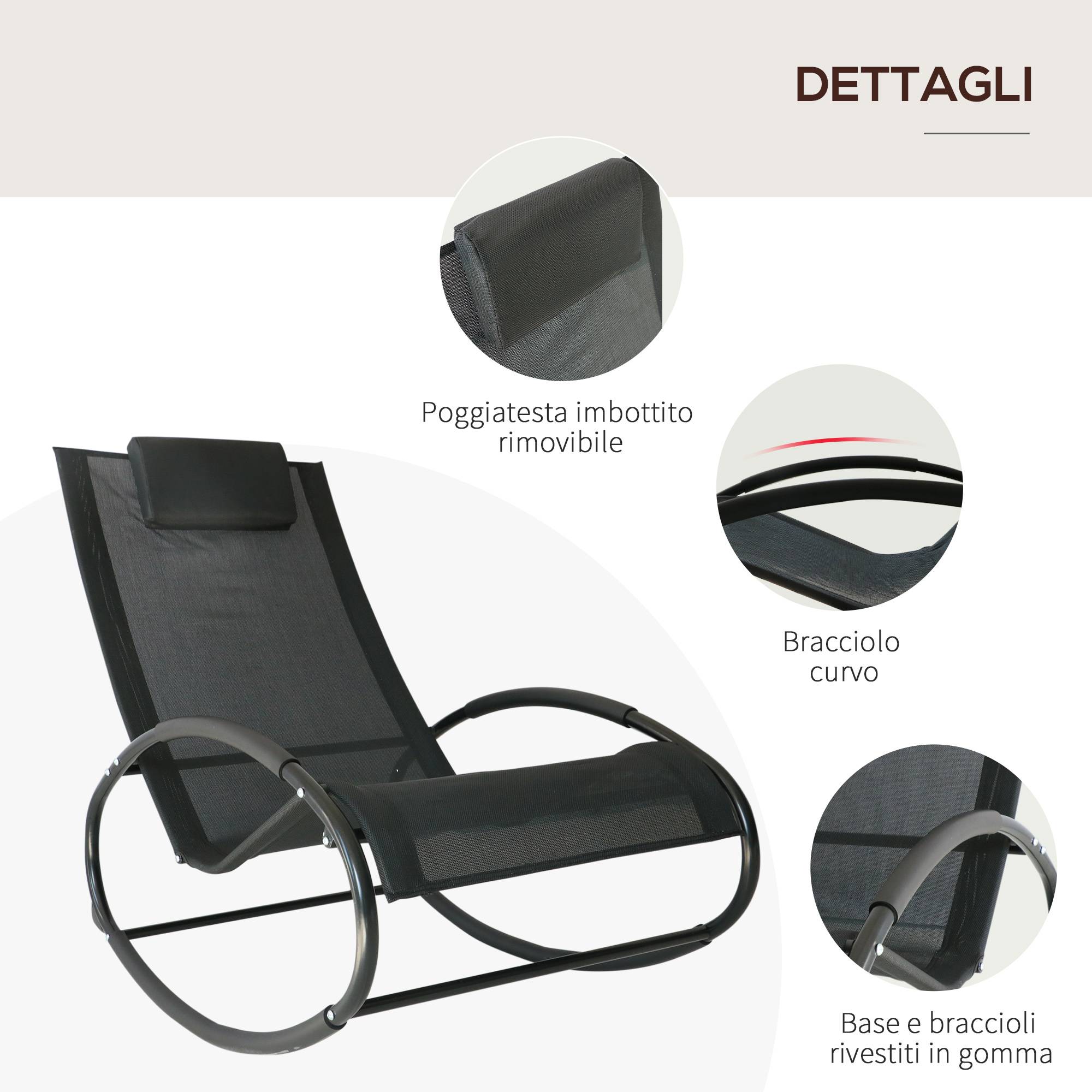 Chaise longue de jardin zéro gravité, rocking-chair avec coussin et tissu respirant, 105x62x88cm, noire - Image 8