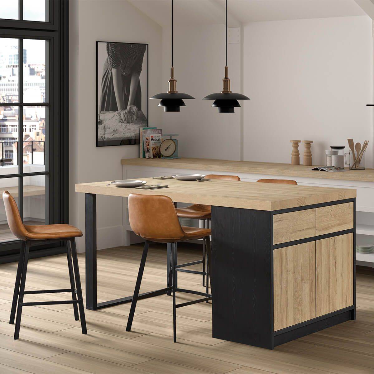 Ilôt de cuisine Plateau 230cm avec Rangement Aspect Bois Pieds Métal - KALDARI - Image 2