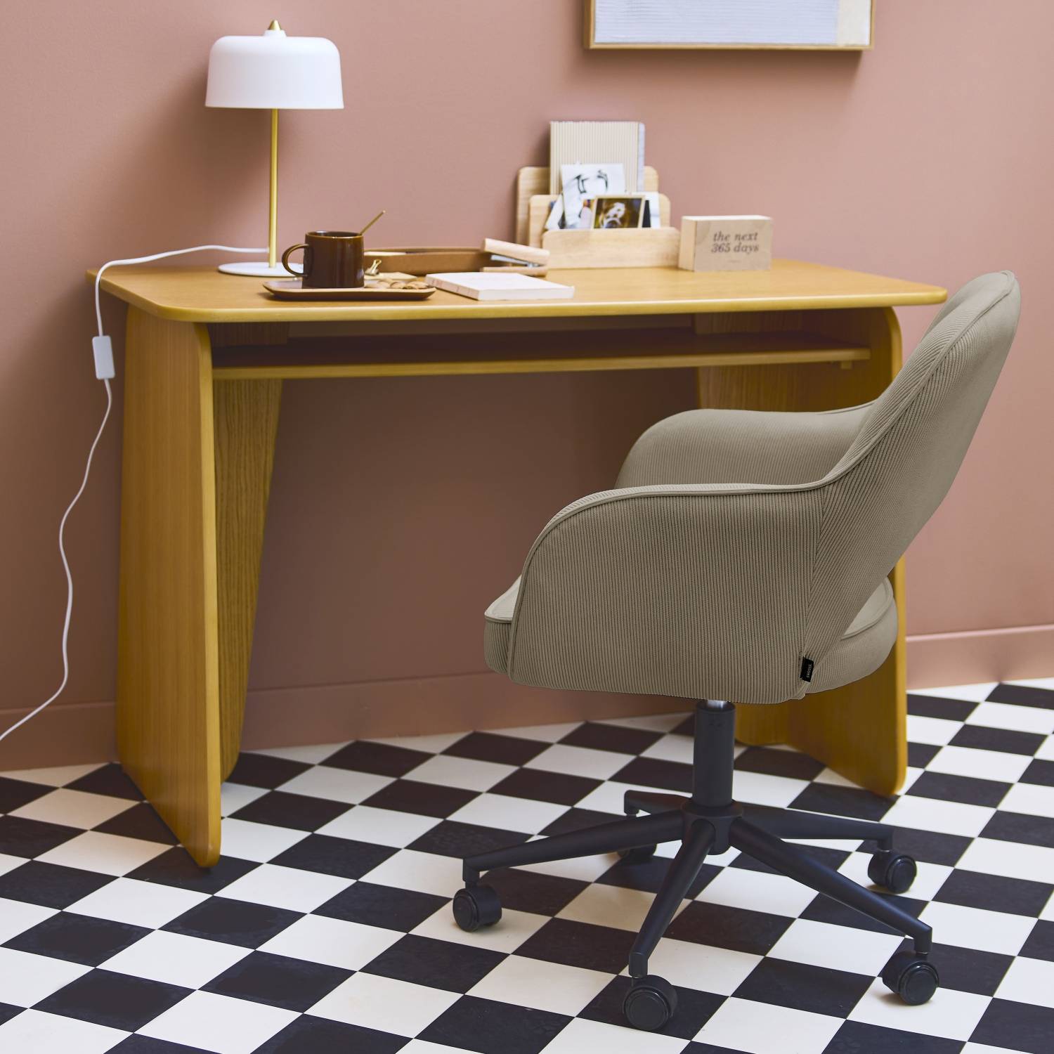 sweeek - Chaise de bureau à roulettes velours côtelé beige L 60 x P 62 x H 89 / 99cm | sweeek - Image 1