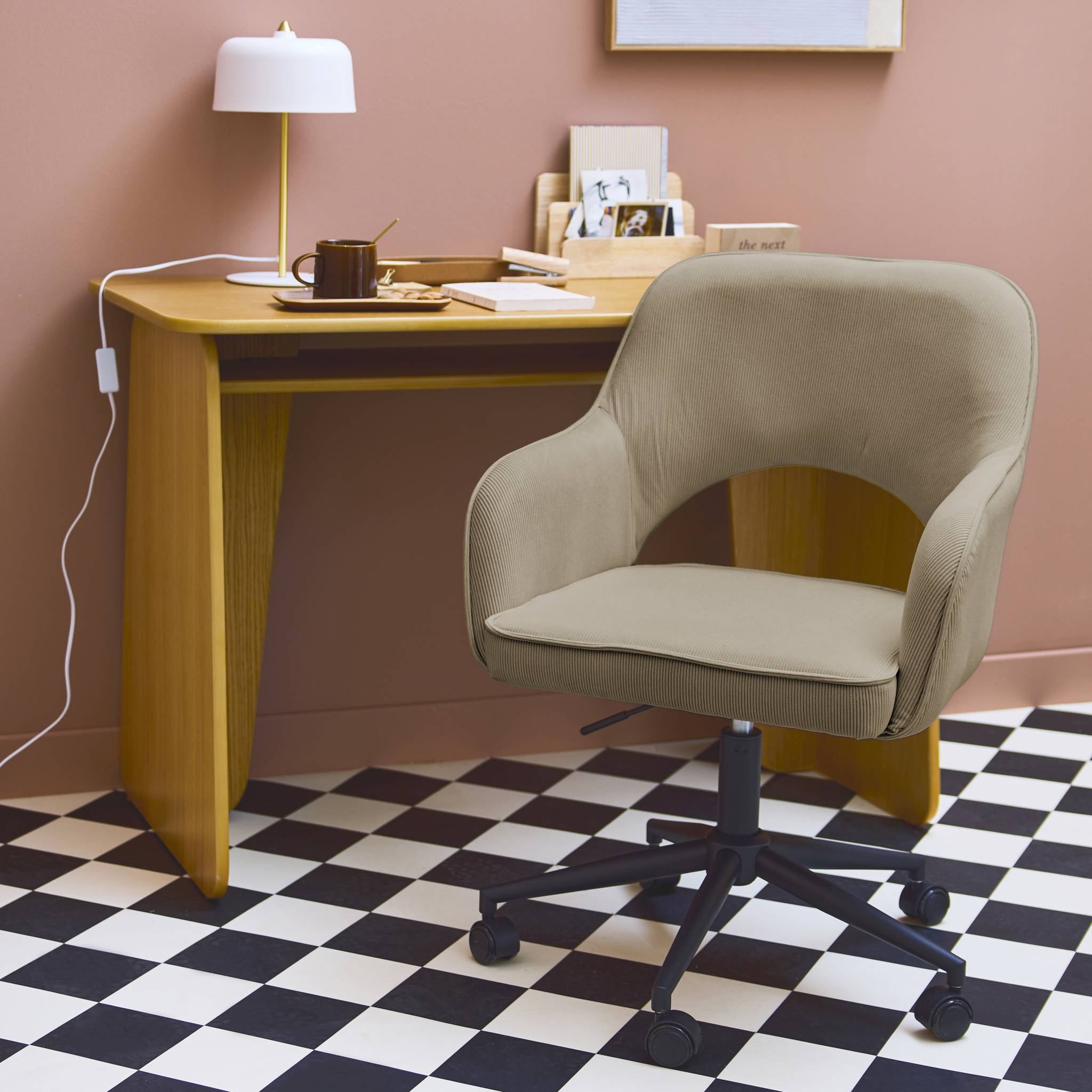 sweeek - Chaise de bureau à roulettes velours côtelé beige L 60 x P 62 x H 89 / 99cm | sweeek - Image 3