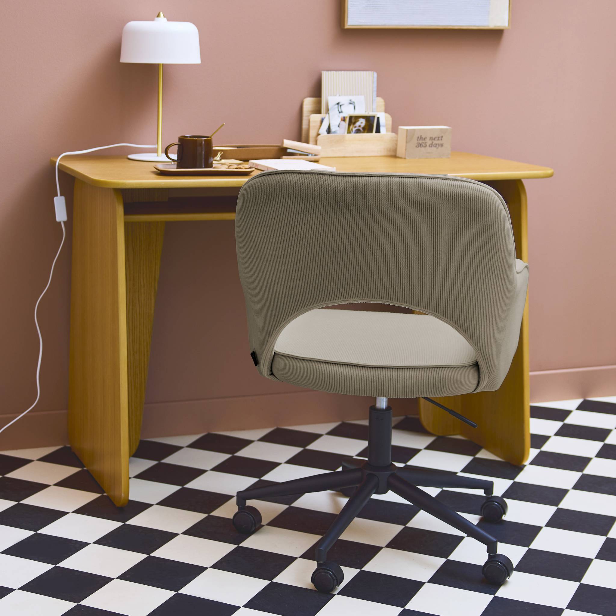 sweeek - Chaise de bureau à roulettes velours côtelé beige L 60 x P 62 x H 89 / 99cm | sweeek - Image 5