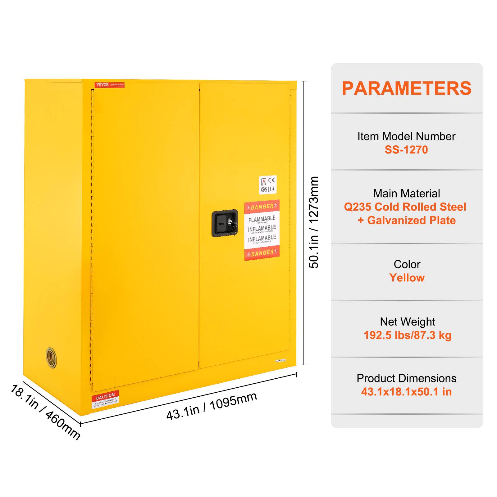 VEVOR Armoire sécurité produits inflammables 113,6 L, acier laminé froid. Coupe-feu, 1 étagère réglable. - Image 3