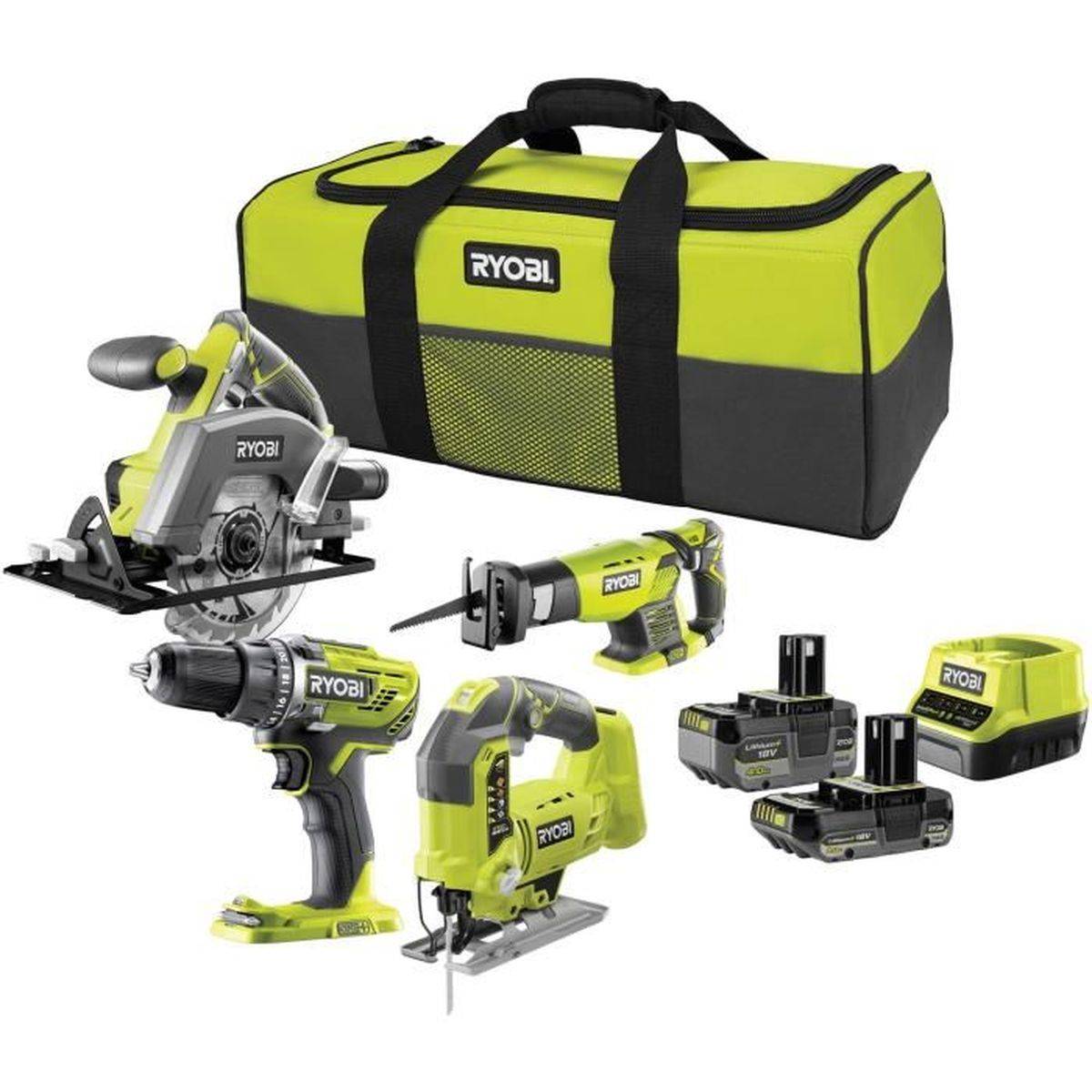 Pack 4 outils sans fil RYOBI ONE+ perceuse, scie circulaire, scie sauteuse, scie sabre - 2 batteries 4,0 Ah/2,0 Ah