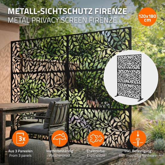 Ml-Design - Brise-vue métallique firenze 120x180 cm en acier modèle autoportant à 3 panneaux extensible avec supports paravent décoratif résistant aux intempéries - Image 2