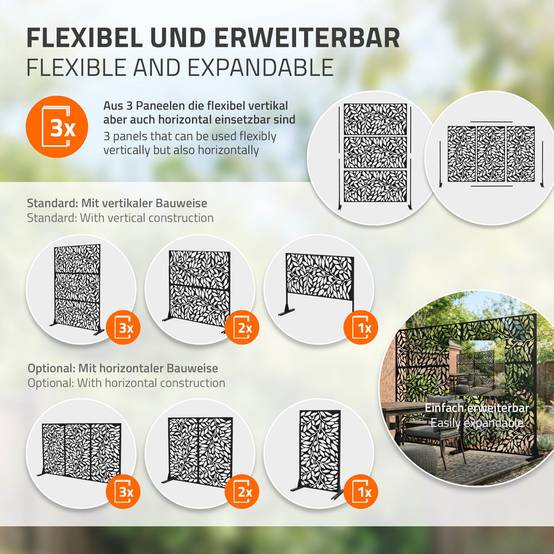 Ml-Design - Brise-vue métallique firenze 120x180 cm en acier modèle autoportant à 3 panneaux extensible avec supports paravent décoratif résistant aux intempéries - Image 4