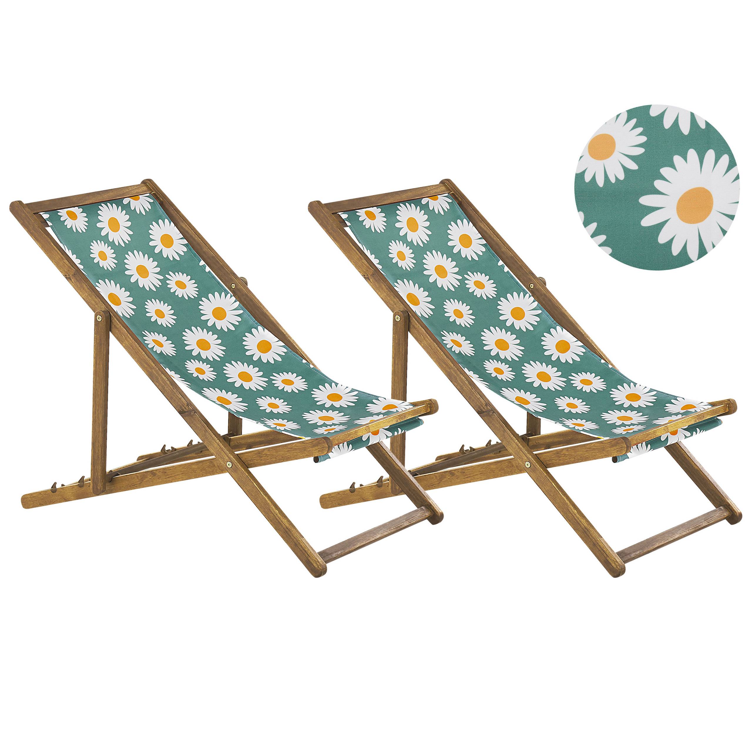 Beliani - 2 Transats Chiliennes Pliantes et Réglables en Bois d'Acacia Clair et Textile Motif Paquerettes avec Toiles de Remplacement - Imagen 1