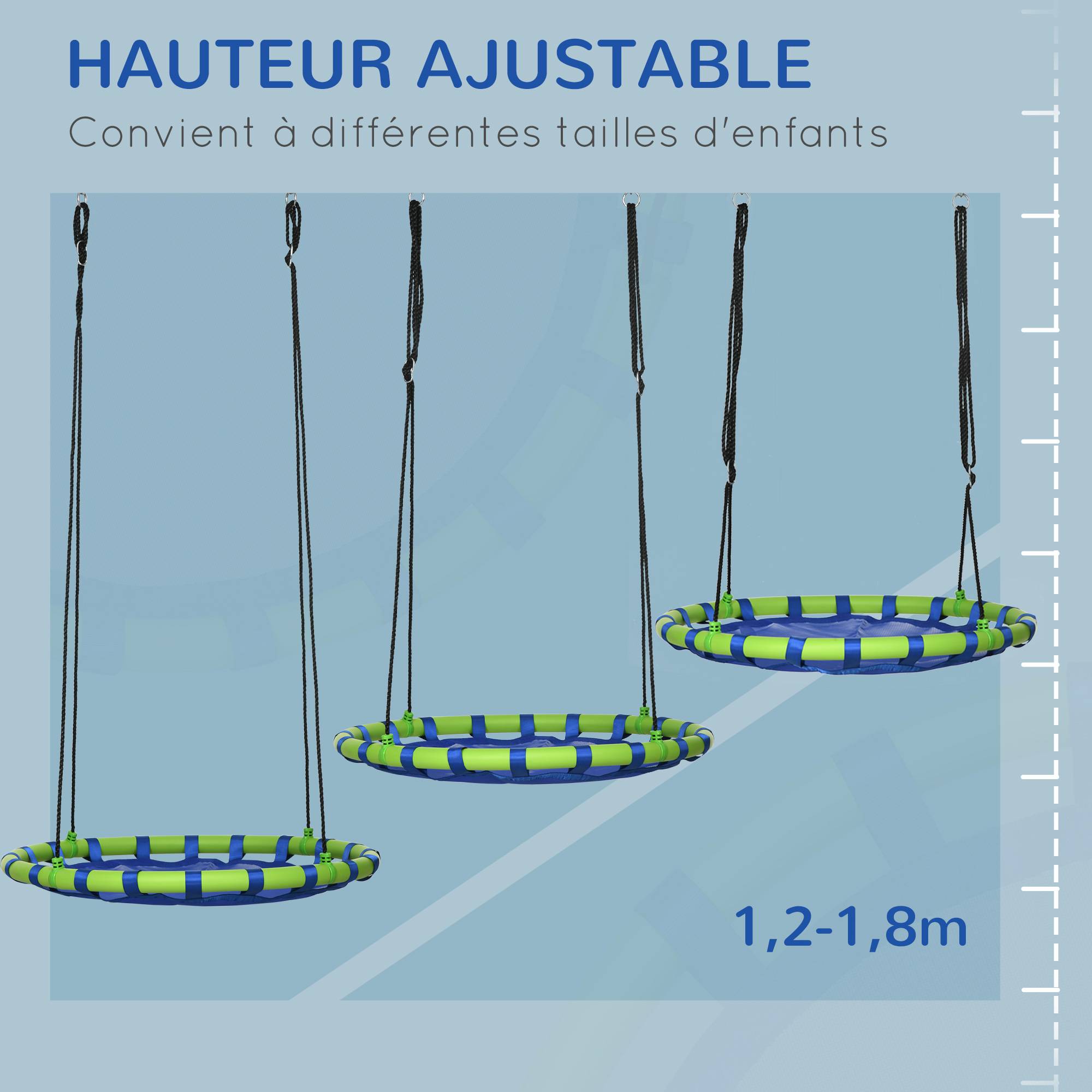 Outsunny - Balançoire nid d'oiseau ronde balançoire panier Ø 100 x 120-180H cm accessoires inclus bleu vert - Outsunny - Imagen 4