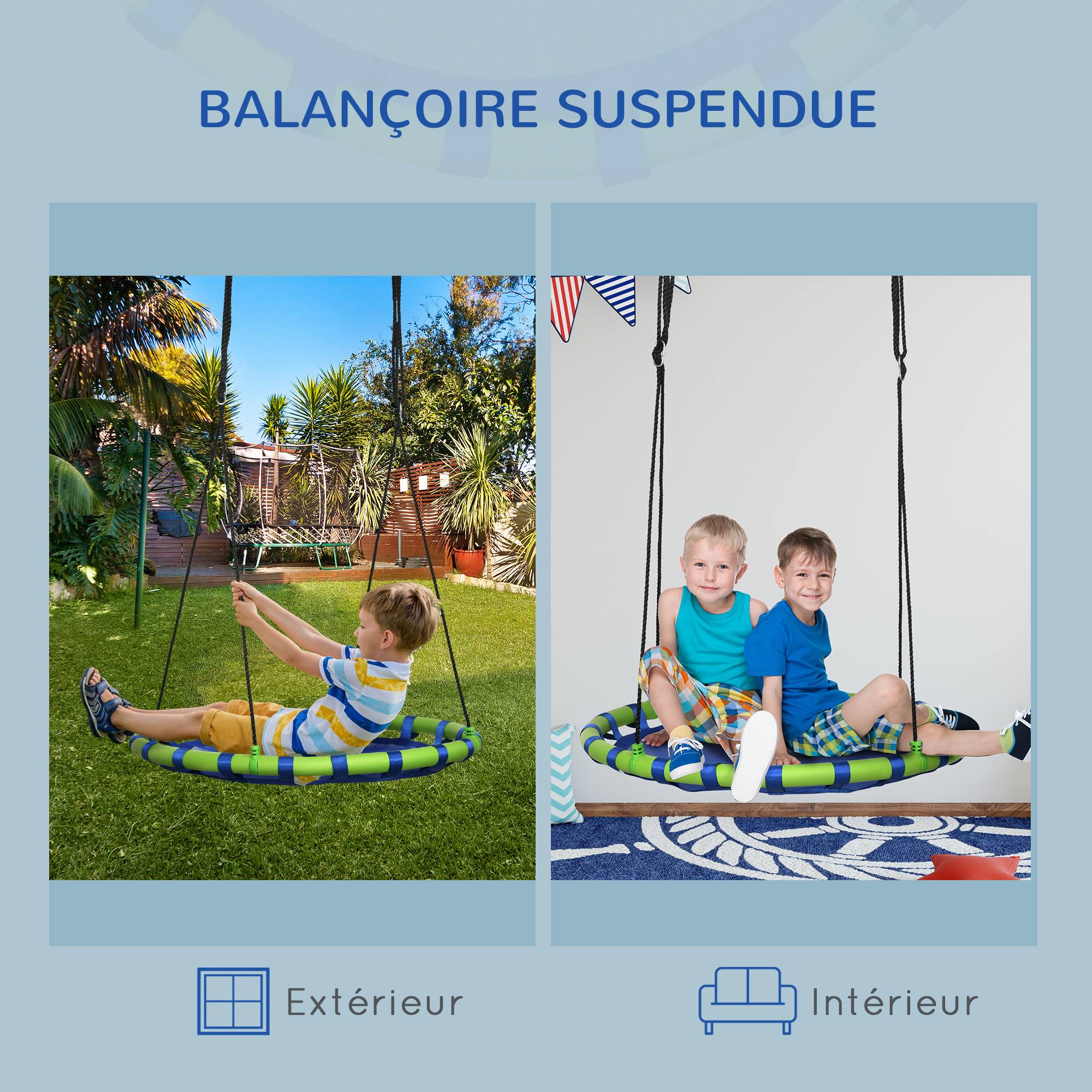 Outsunny - Balançoire nid d'oiseau ronde balançoire panier Ø 100 x 120-180H cm accessoires inclus bleu vert - Outsunny - Imagen 5