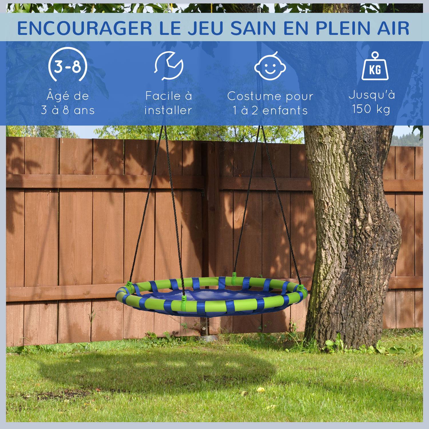 Outsunny - Balançoire nid d'oiseau ronde balançoire panier Ø 100 x 120-180H cm accessoires inclus bleu vert - Outsunny - Imagen 7