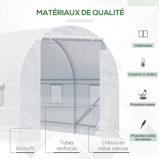 Serre tunnel de jardin 9m², serre de jardin tunnel avec porte et 6 fenêtres, bâche PE 140 g/m² 445 x 200 x 200 cm blanc - Image 7
