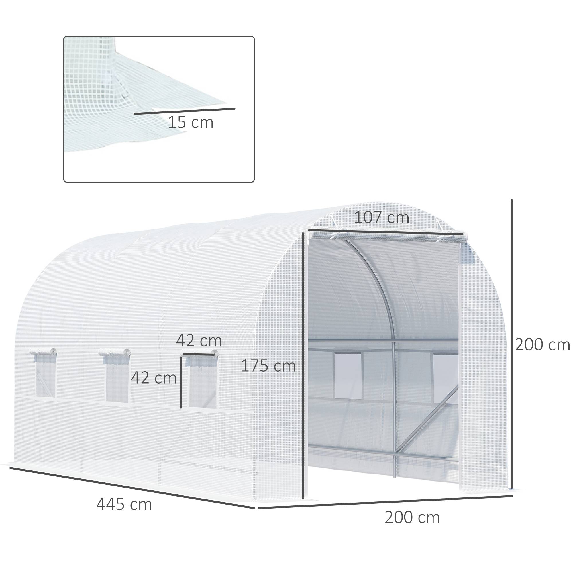 Serre tunnel de jardin 9m², serre de jardin tunnel avec porte et 6 fenêtres, bâche PE 140 g/m² 445 x 200 x 200 cm blanc - Image 5