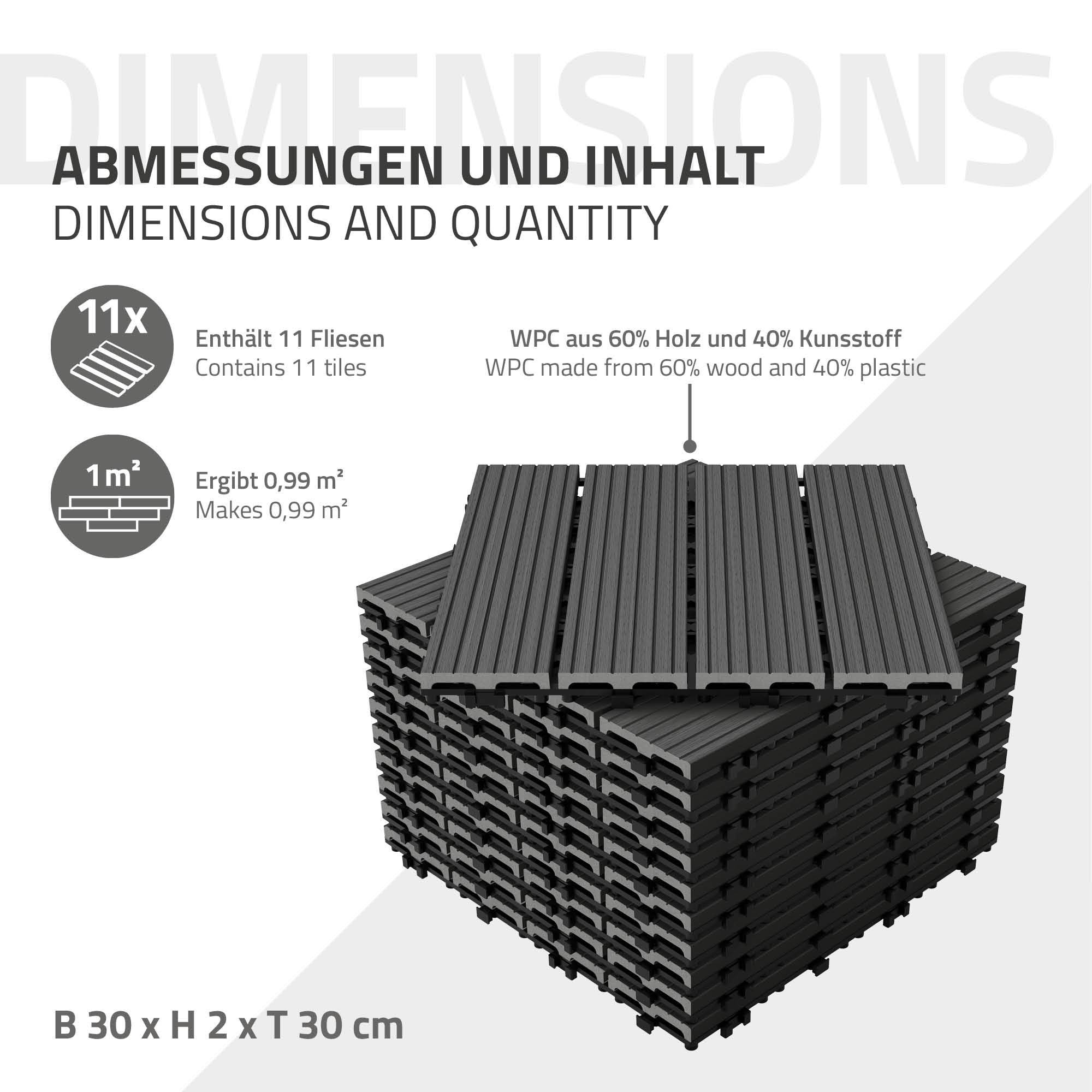 Ecd-Germany - 55x Carreaux de terrasse WPC 30x30cm 5m² revêtement de sol anthracite - Imagen 6