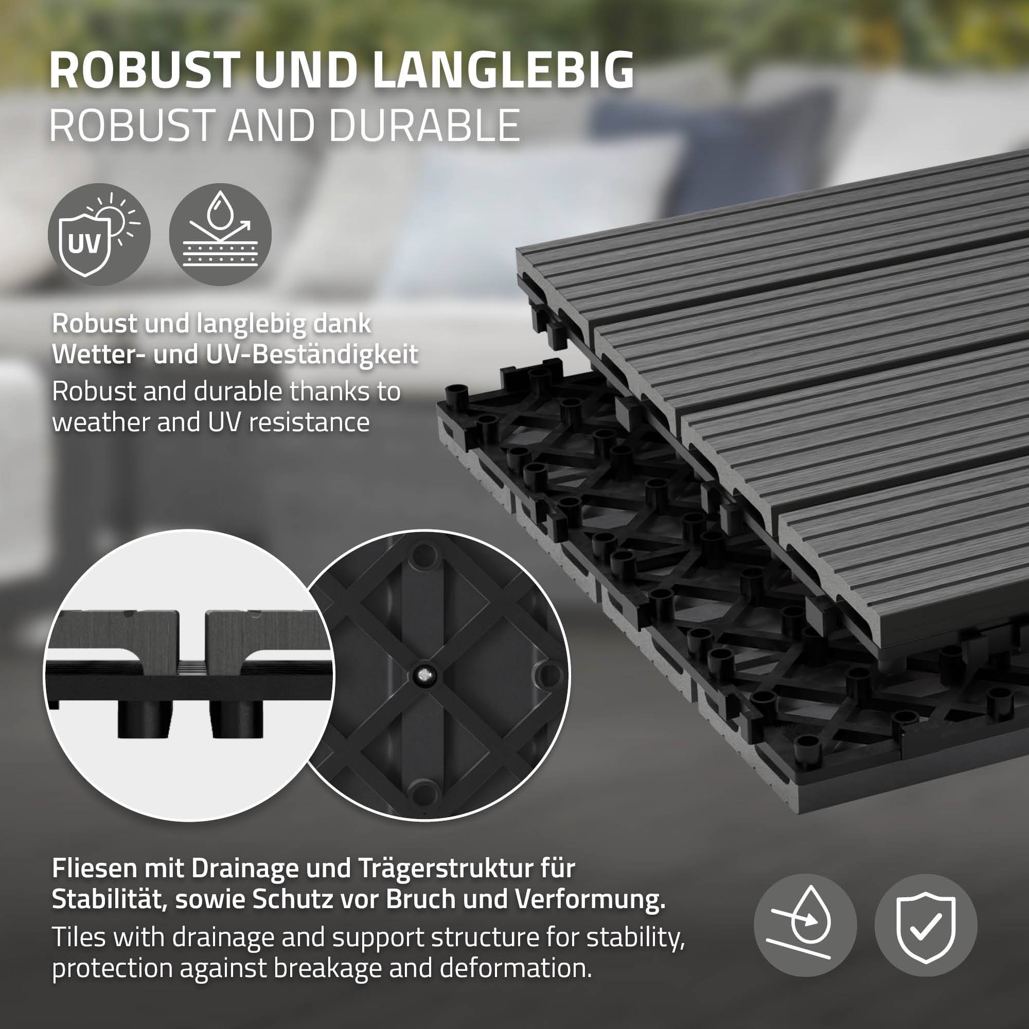 Ecd-Germany - 55x Carreaux de terrasse WPC 30x30cm 5m² revêtement de sol anthracite - Imagen 3