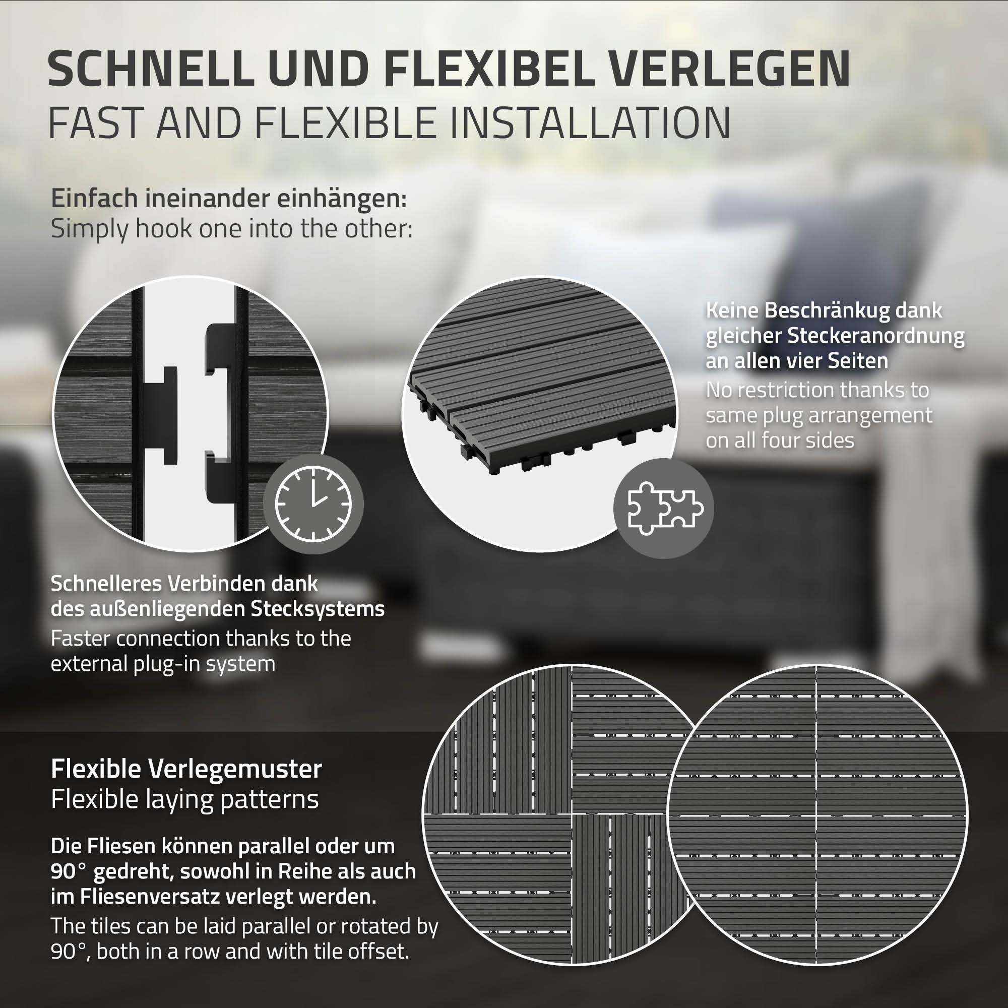 Ecd-Germany - 55x Carreaux de terrasse WPC 30x30cm 5m² revêtement de sol anthracite - Imagen 5