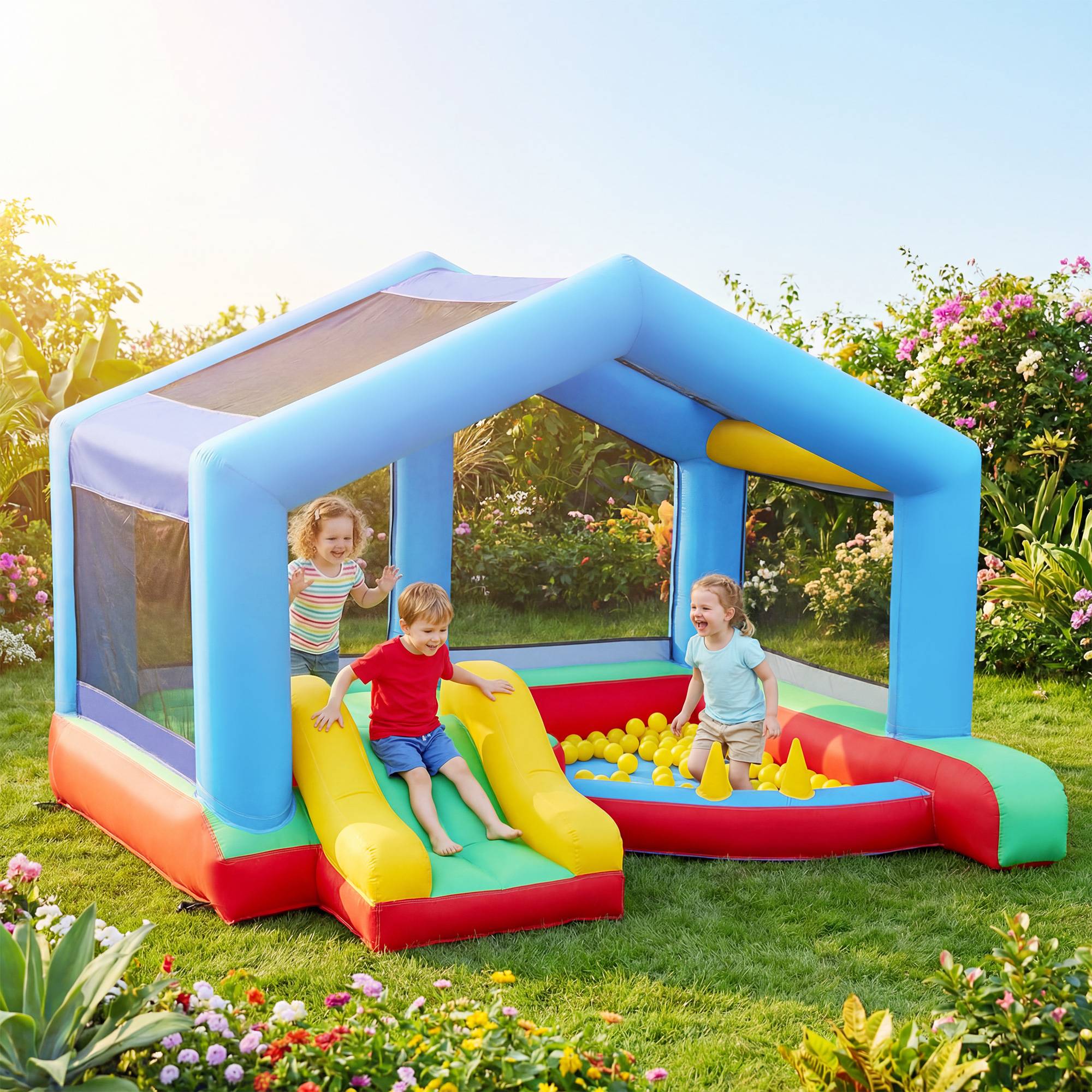 Château gonflable souffleur toboggan trampoline piscine à balles cerceaux et auvent protection - Image 3