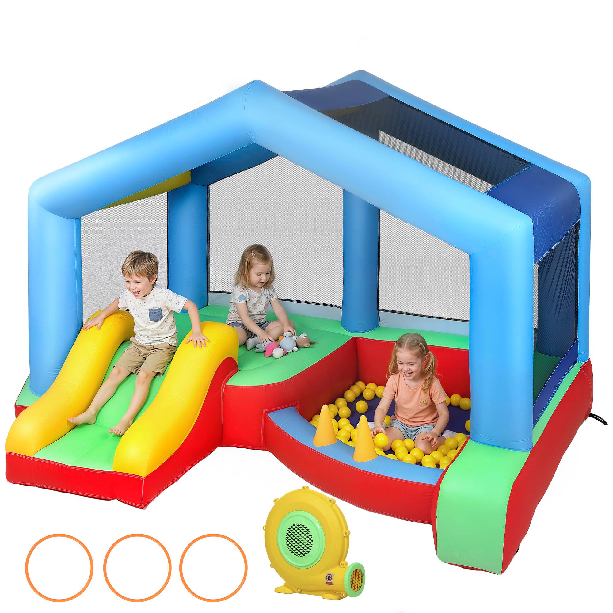 Château gonflable souffleur toboggan trampoline piscine à balles cerceaux et auvent protection - Image 1