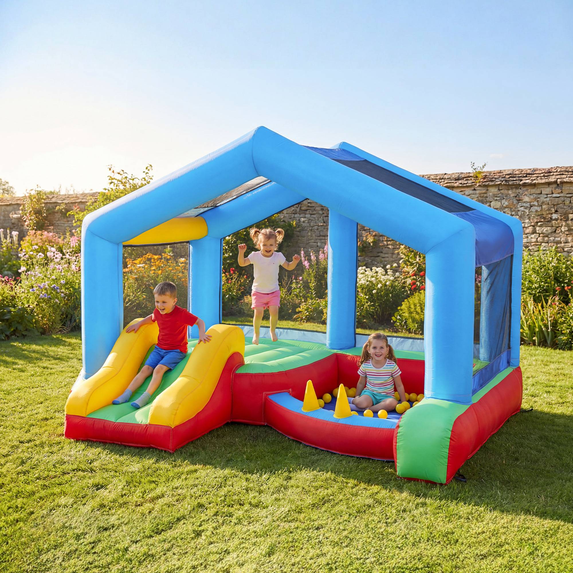 Château gonflable souffleur toboggan trampoline piscine à balles cerceaux et auvent protection - Image 4
