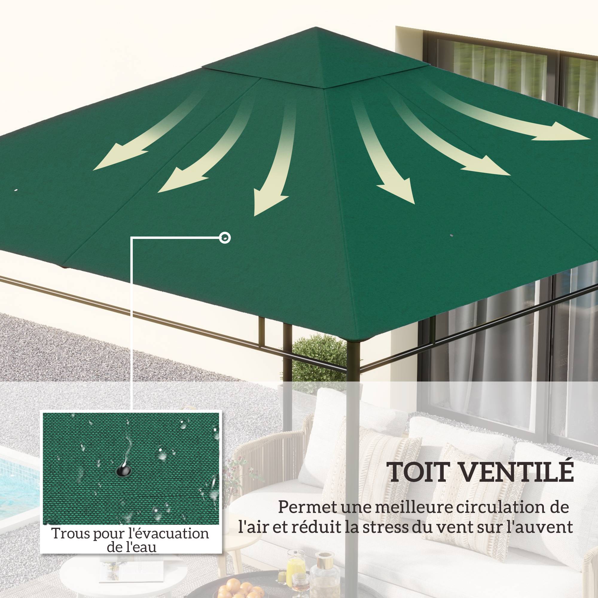 ComfortXL - Toile rechange tonnelle polyester jardin remplacement double toit 298x295 vert - ComfortXL Outdoor Living - Image 6
