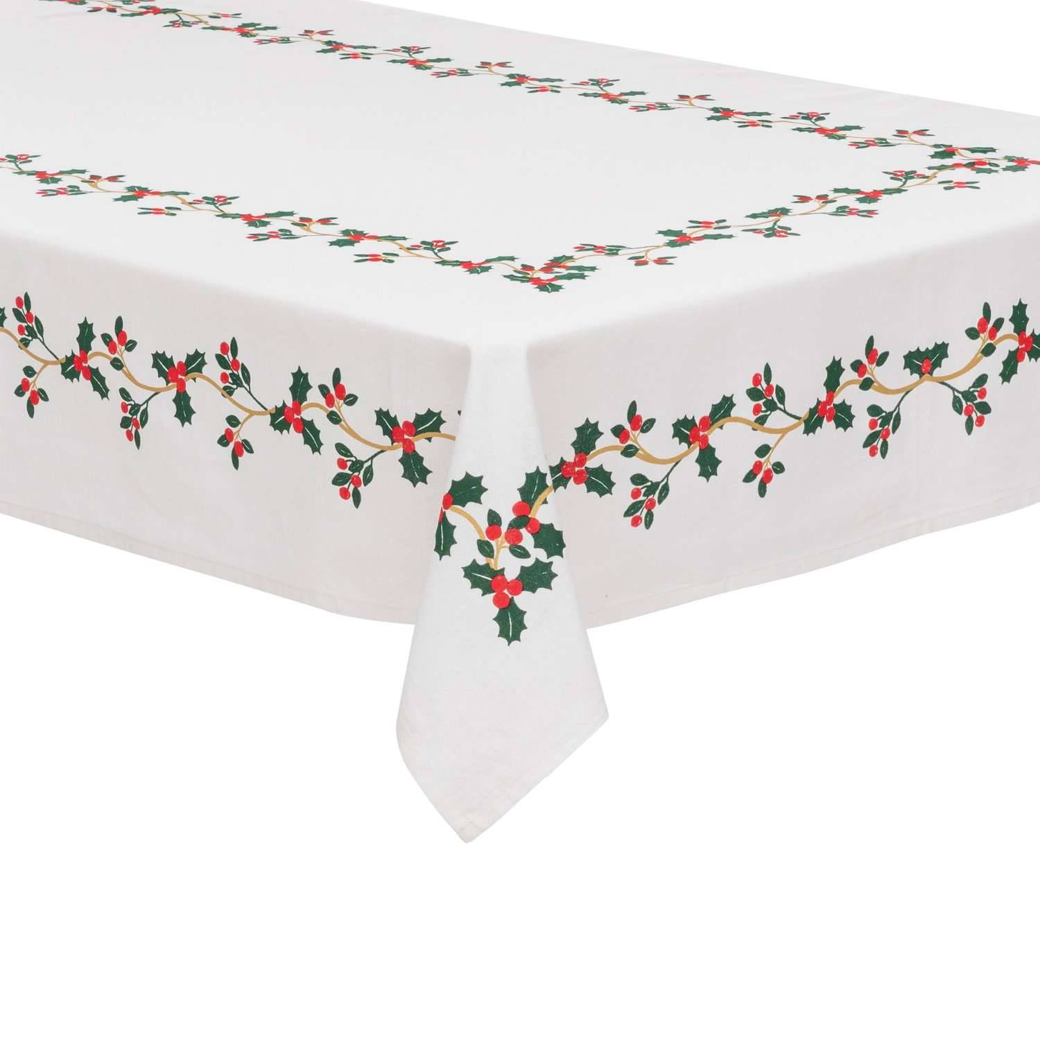 Atmosphera - Nappe de Noël rectangulaire motifs houx et baies - L. 140 x 360 cm - Blanc finition dorée - Atmosphera - Imagen 1