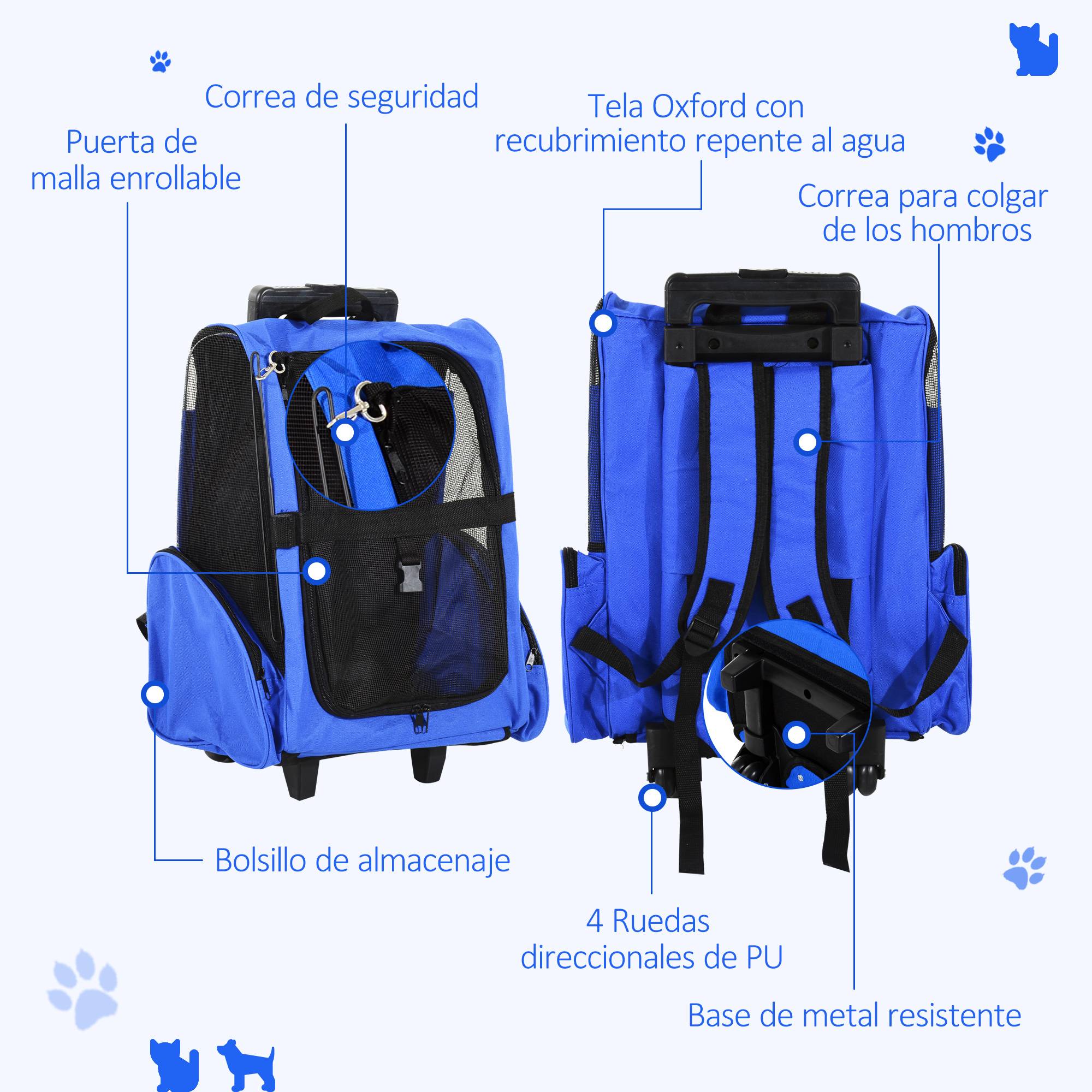 Sac à dos ou trolley de transport 2 en 1 pour chiens et chats, avec 2 roues, poignée rétractable en aluminium et poches, 42 x 25 x 55 cm, bleu - Image 8