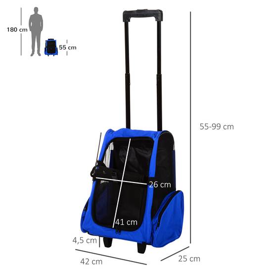 Sac à dos ou trolley de transport 2 en 1 pour chiens et chats, avec 2 roues, poignée rétractable en aluminium et poches, 42 x 25 x 55 cm, bleu - Image 5