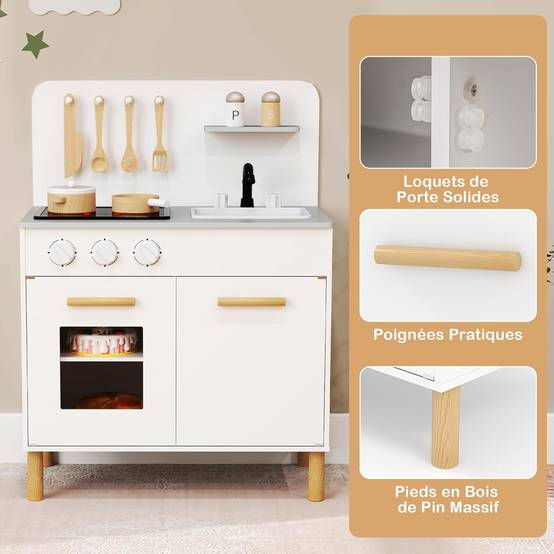 COSTWAY Cuisine Enfant en Bois avec Lumière & Son & 10 Accessoires, Évier Amovible & Poêles Double, Jeu de Rôle pour 3 Ans+ (Blanc) - Image 7