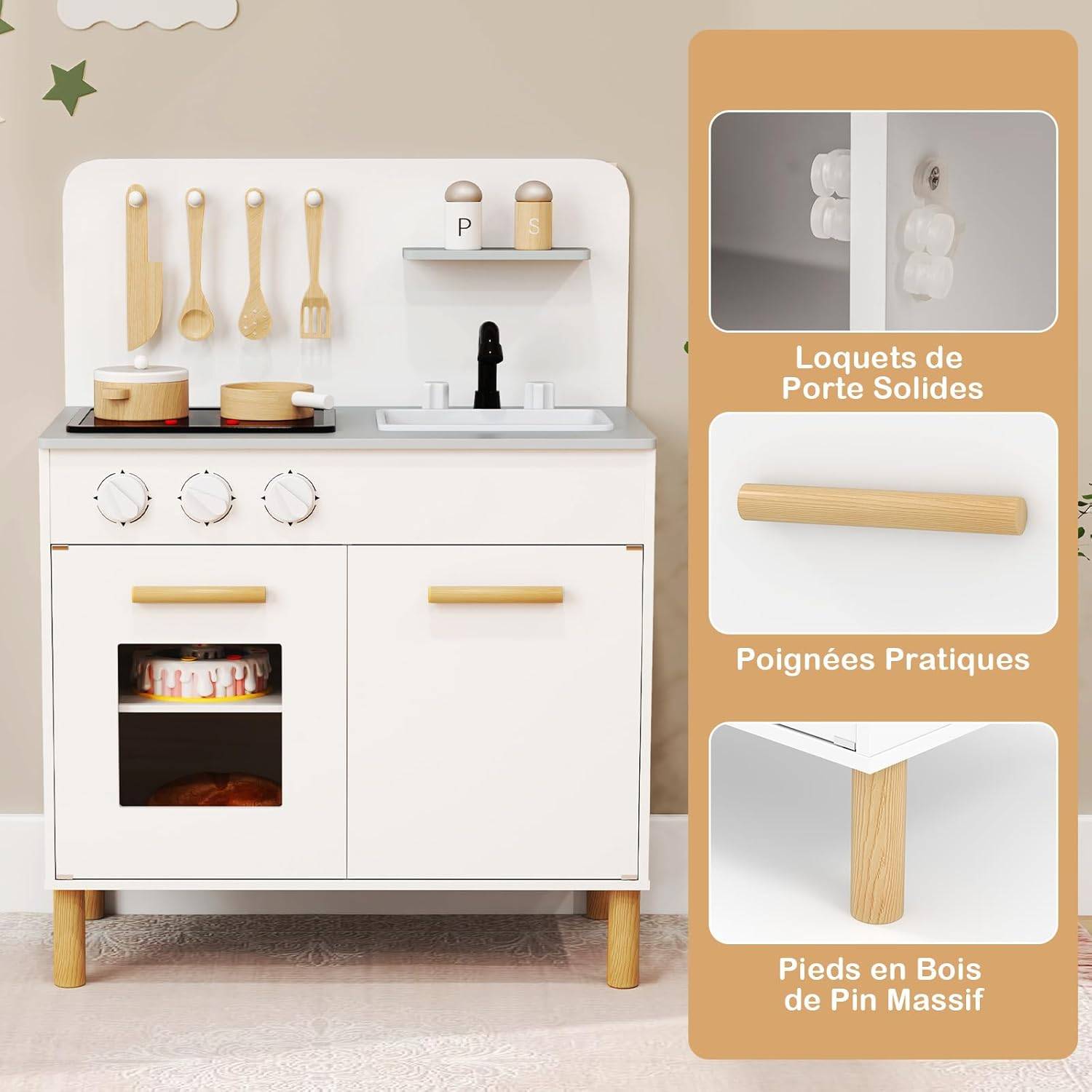 COSTWAY Cuisine Enfant en Bois avec Lumière & Son & 10 Accessoires, Évier Amovible & Poêles Double, Jeu de Rôle pour 3 Ans+ (Blanc) - Image 7