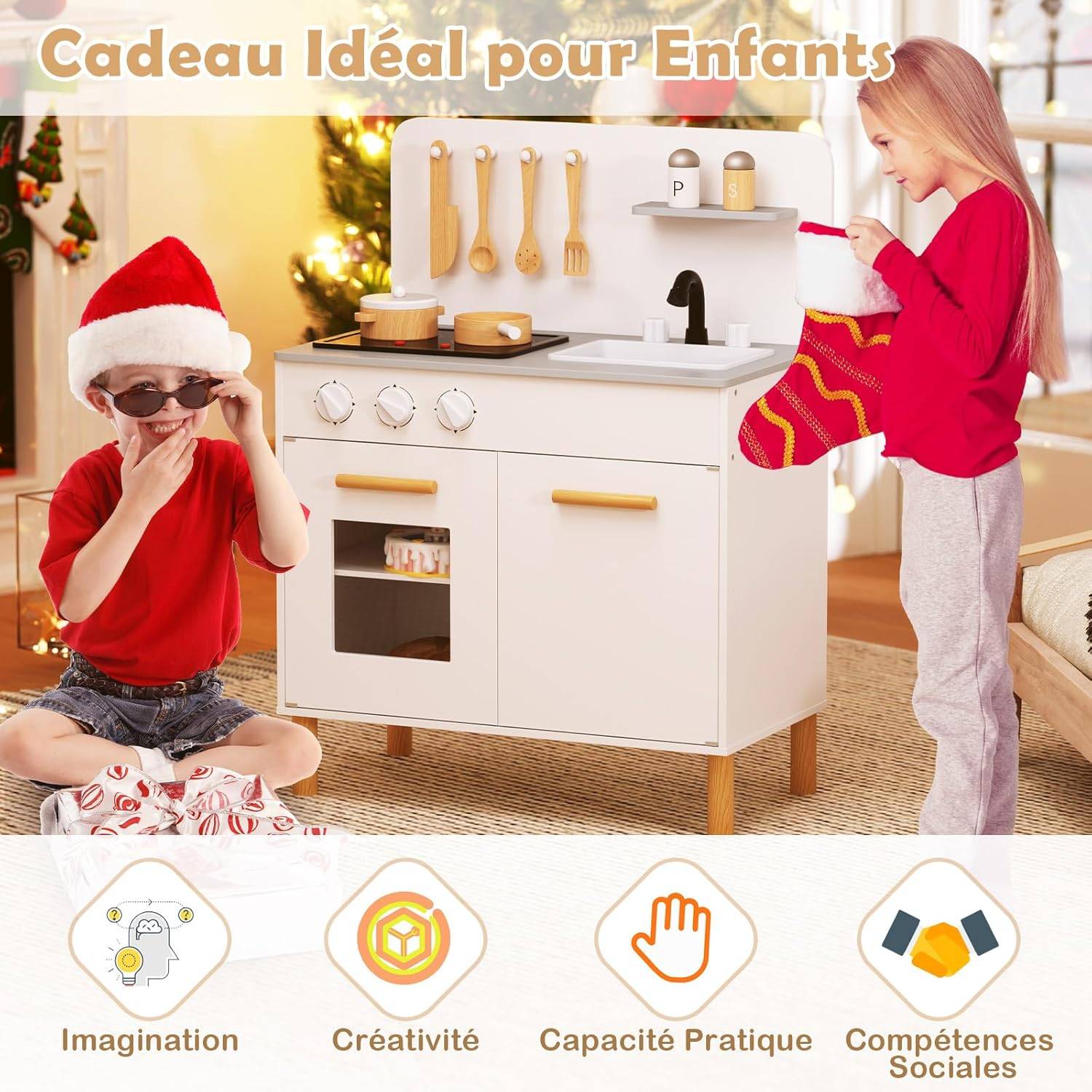 COSTWAY Cuisine Enfant en Bois avec Lumière & Son & 10 Accessoires, Évier Amovible & Poêles Double, Jeu de Rôle pour 3 Ans+ (Blanc) - Image 6