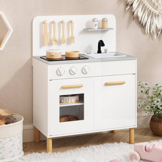 COSTWAY Cuisine Enfant en Bois avec Lumière & Son & 10 Accessoires, Évier Amovible & Poêles Double, Jeu de Rôle pour 3 Ans+ (Blanc) - Image 8