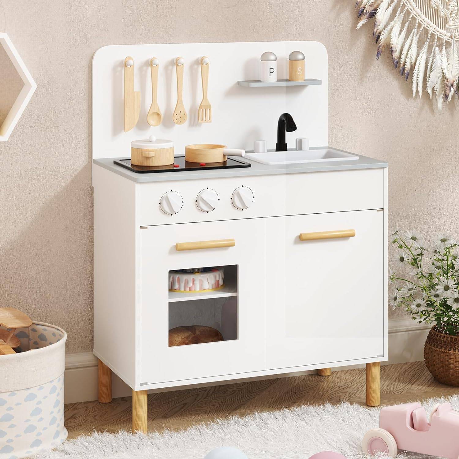COSTWAY Cuisine Enfant en Bois avec Lumière & Son & 10 Accessoires, Évier Amovible & Poêles Double, Jeu de Rôle pour 3 Ans+ (Blanc) - Image 8
