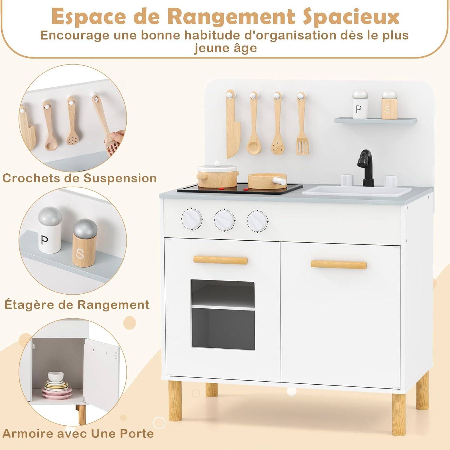 COSTWAY Cuisine Enfant en Bois avec Lumière & Son & 10 Accessoires, Évier Amovible & Poêles Double, Jeu de Rôle pour 3 Ans+ (Blanc) - Image 3