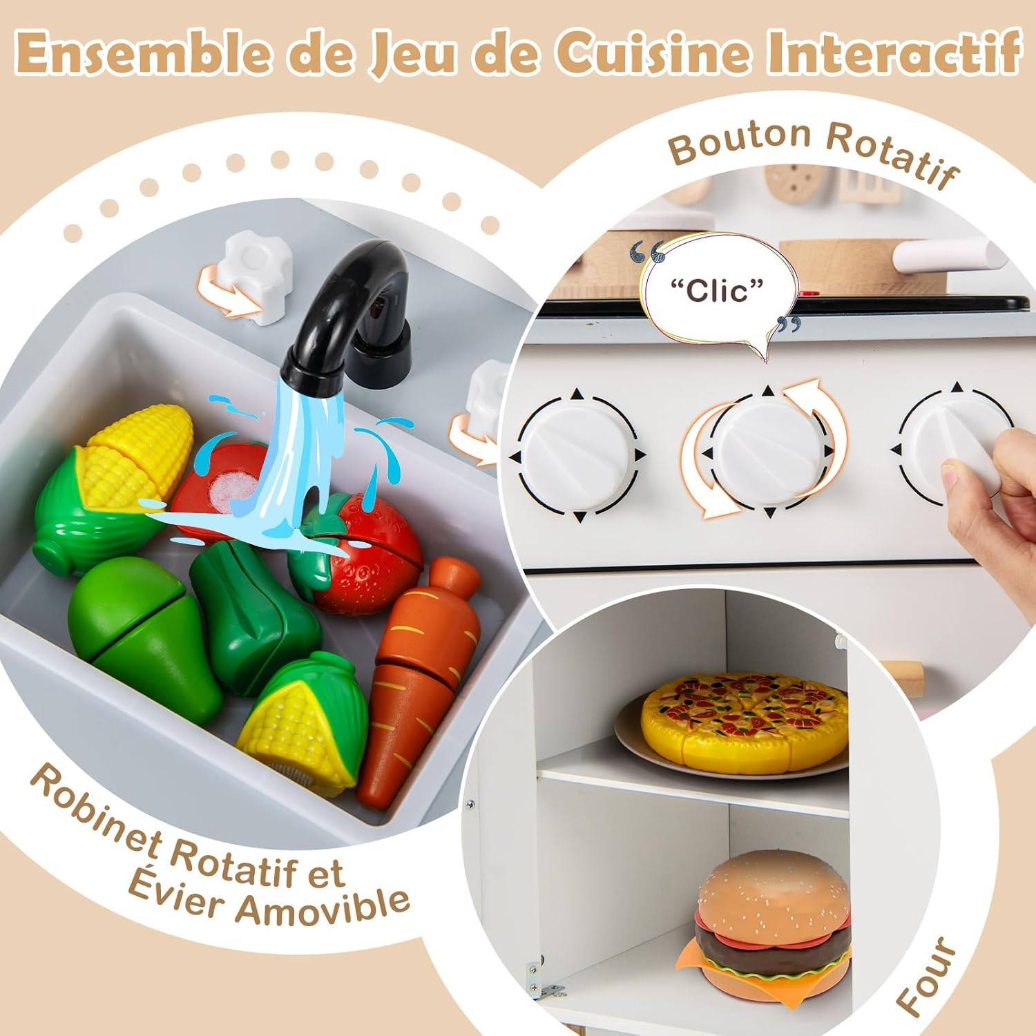 COSTWAY Cuisine Enfant en Bois avec Lumière & Son & 10 Accessoires, Évier Amovible & Poêles Double, Jeu de Rôle pour 3 Ans+ (Blanc) - Image 2