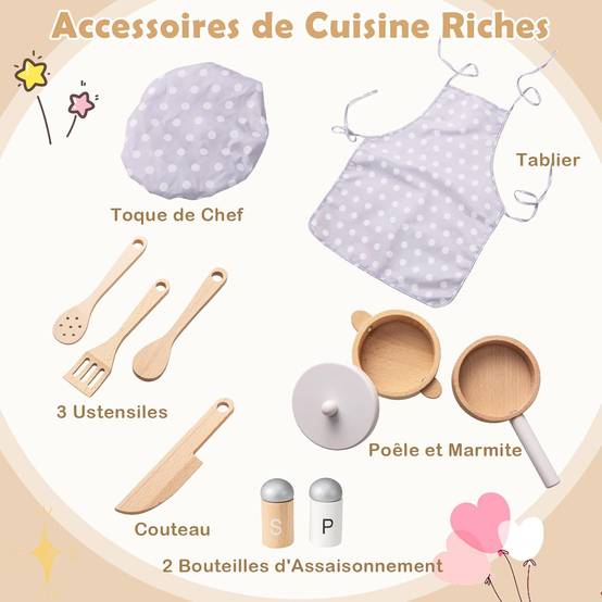 COSTWAY Cuisine Enfant en Bois avec Lumière & Son & 10 Accessoires, Évier Amovible & Poêles Double, Jeu de Rôle pour 3 Ans+ (Blanc) - Image 5