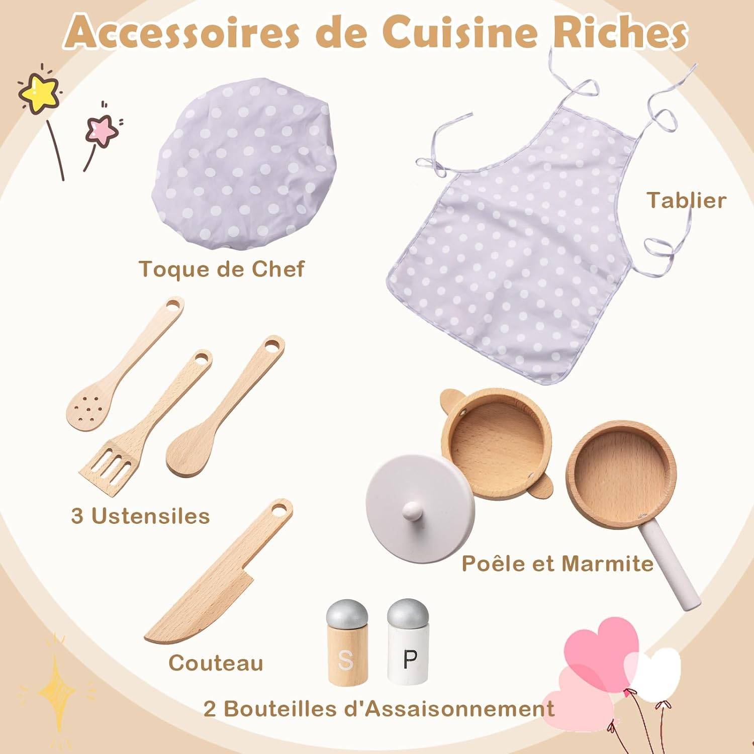 COSTWAY Cuisine Enfant en Bois avec Lumière & Son & 10 Accessoires, Évier Amovible & Poêles Double, Jeu de Rôle pour 3 Ans+ (Blanc) - Image 5