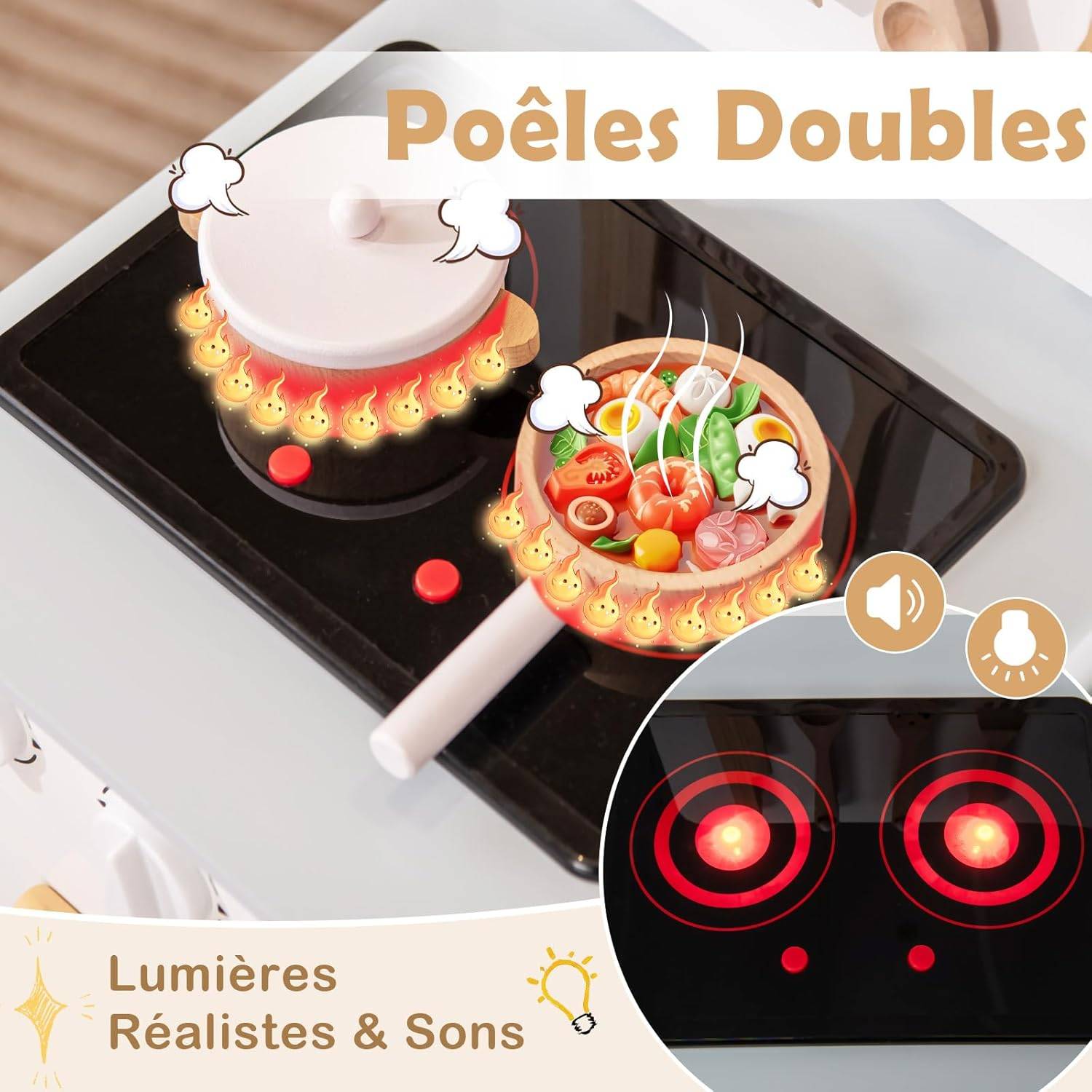 COSTWAY Cuisine Enfant en Bois avec Lumière & Son & 10 Accessoires, Évier Amovible & Poêles Double, Jeu de Rôle pour 3 Ans+ (Blanc) - Image 1