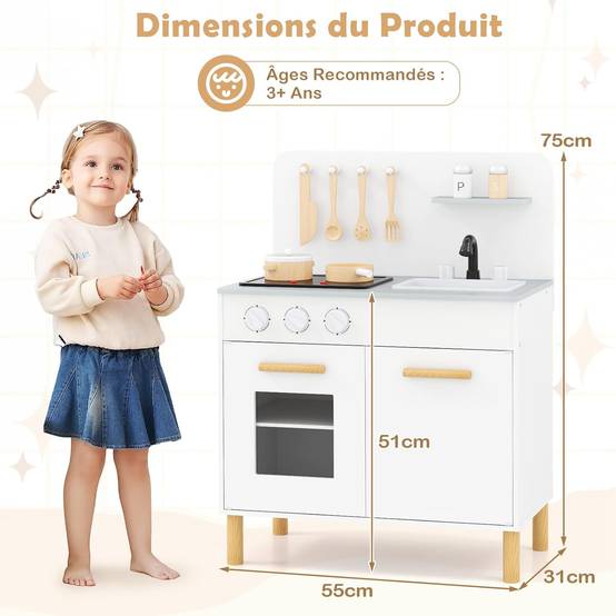 COSTWAY Cuisine Enfant en Bois avec Lumière & Son & 10 Accessoires, Évier Amovible & Poêles Double, Jeu de Rôle pour 3 Ans+ (Blanc) - Image 4