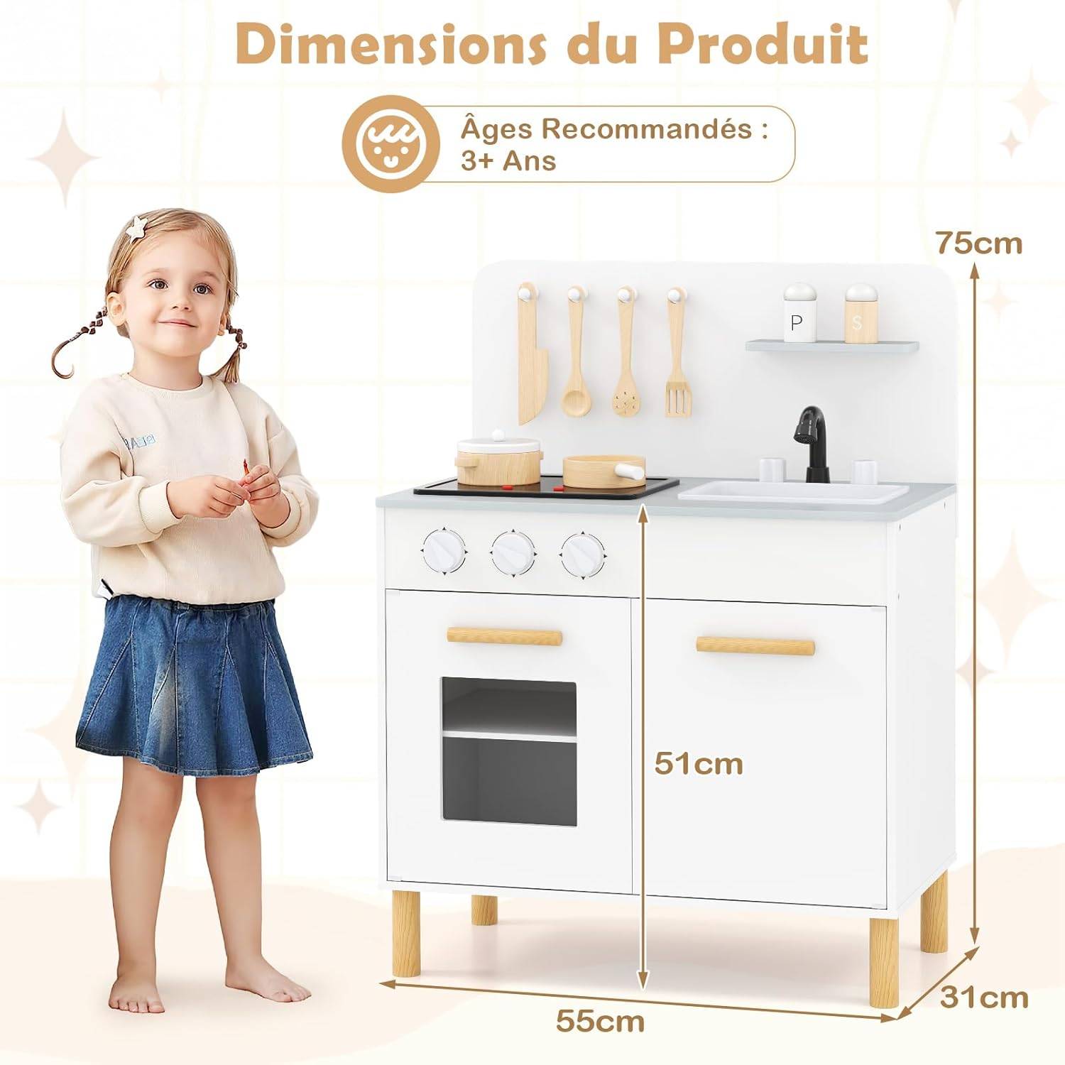 COSTWAY Cuisine Enfant en Bois avec Lumière & Son & 10 Accessoires, Évier Amovible & Poêles Double, Jeu de Rôle pour 3 Ans+ (Blanc) - Image 4