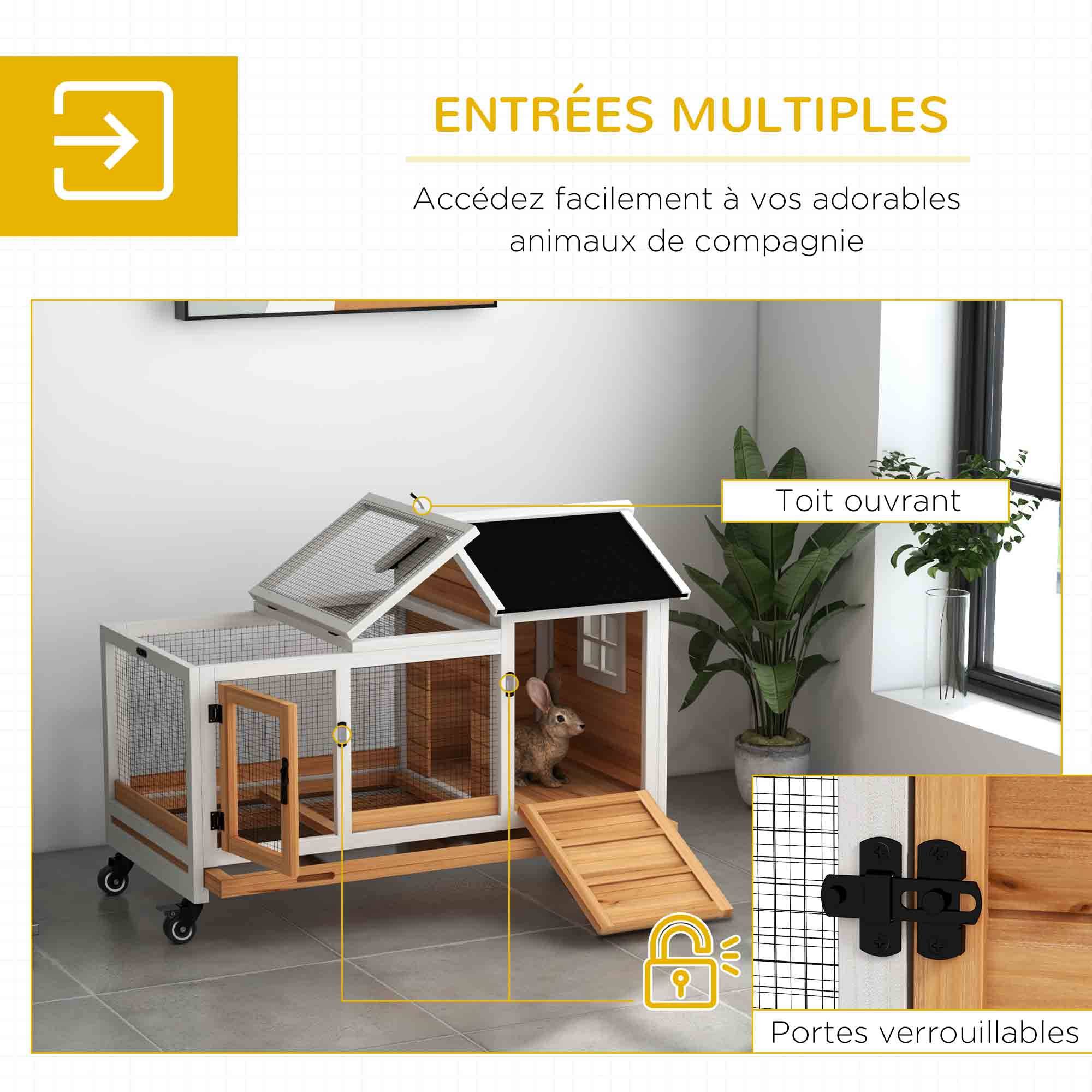 Clapier cage à lapins rongeurs sur roulettes 2 portes verrouillables - 108 x 58 x 73,5 cm bois massif jaune - Image 7
