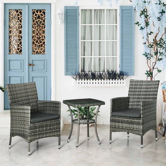 Salon de jardin 2 places résine tressée balcon terrasse avec coussins table verre gris foncé - ComfortXL Outdoor Living - Image 1