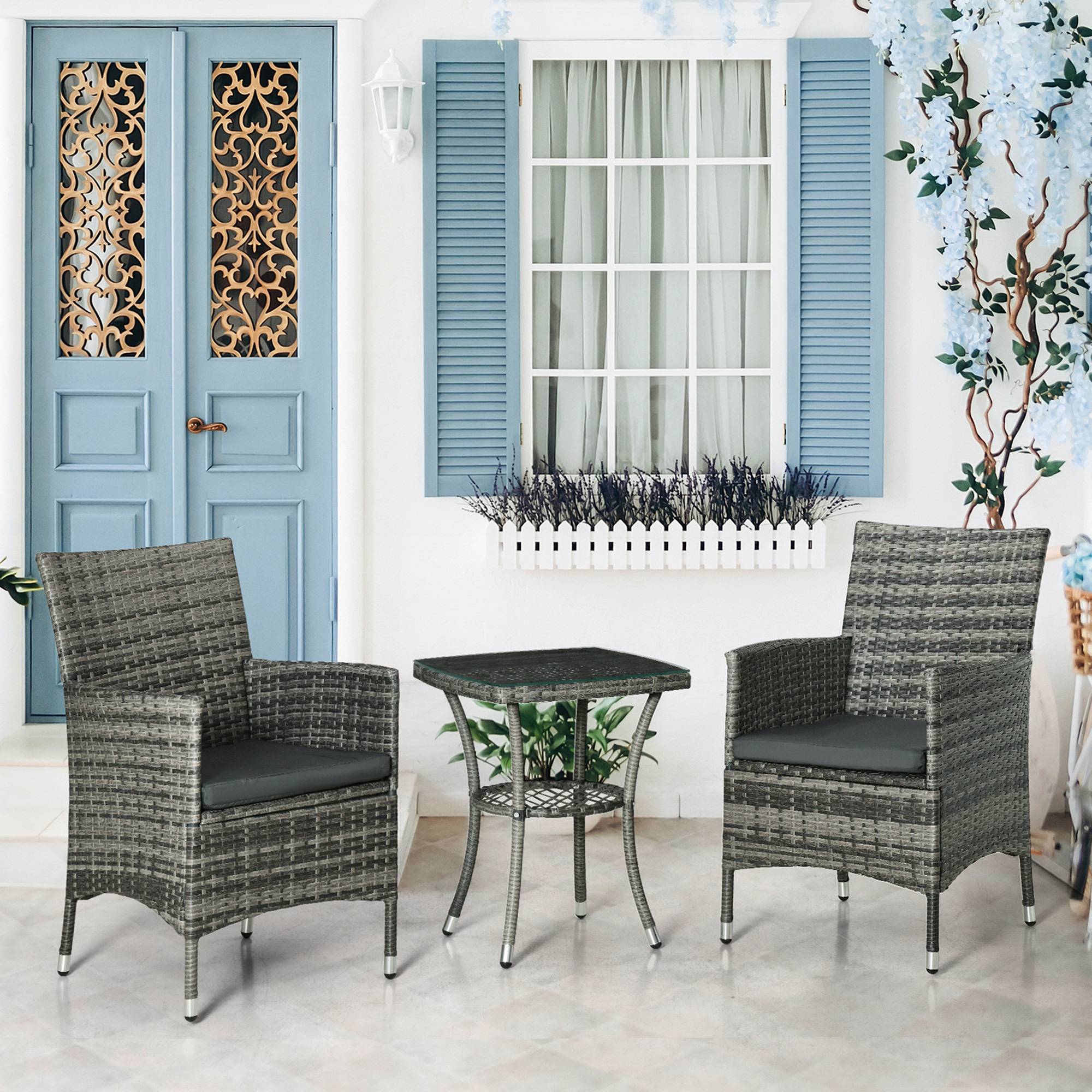 Salon de jardin 2 places résine tressée balcon terrasse avec coussins table verre gris foncé - ComfortXL Outdoor Living - Image 1